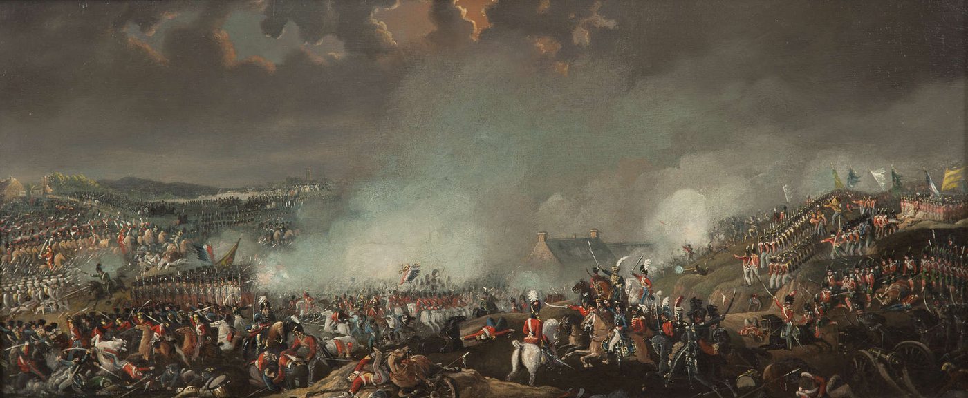 Wide panoramic painting of a battlefield with massed troops, cavalry and gun smoke