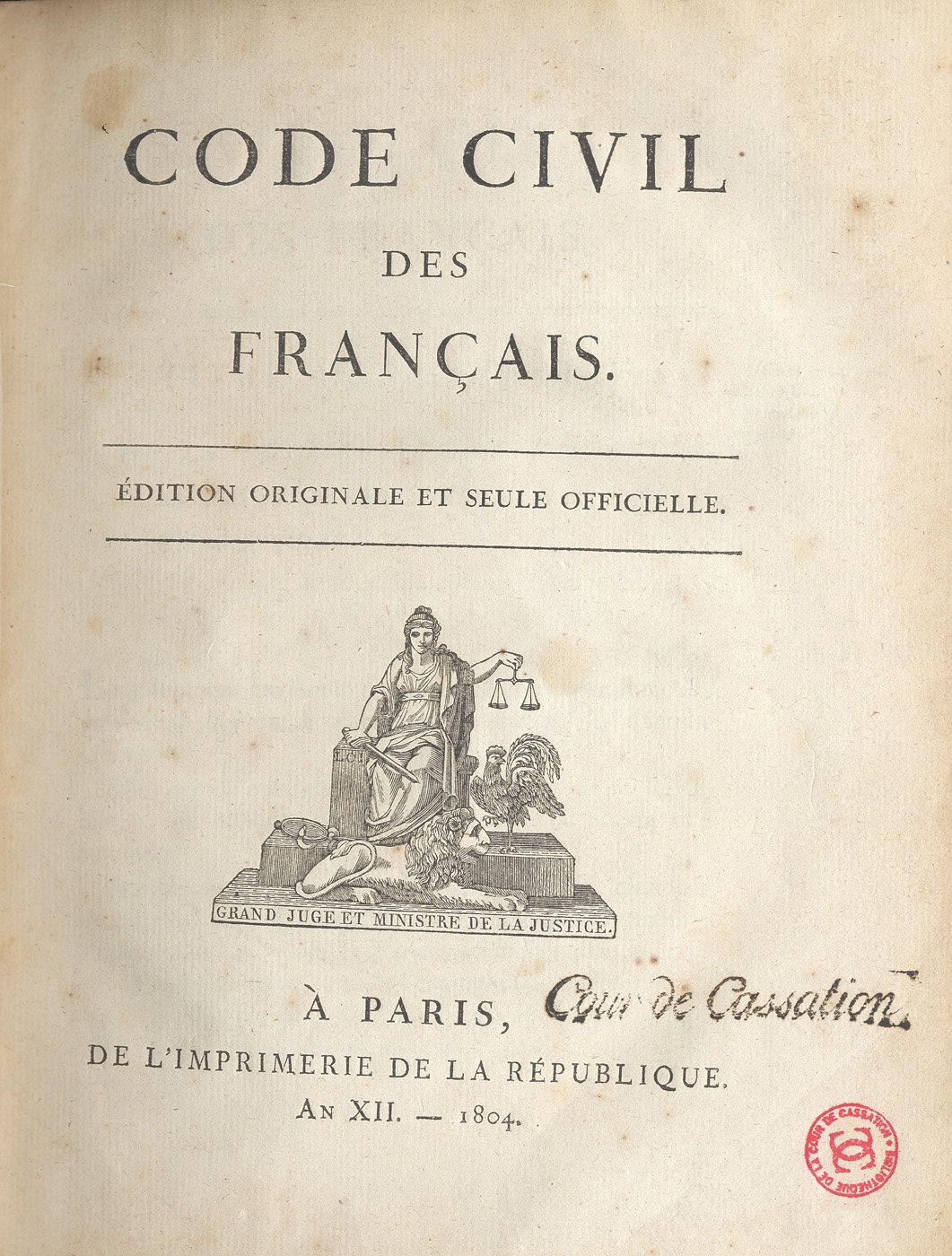 Printed title page reading Code civil des Français with a small engraved vignette