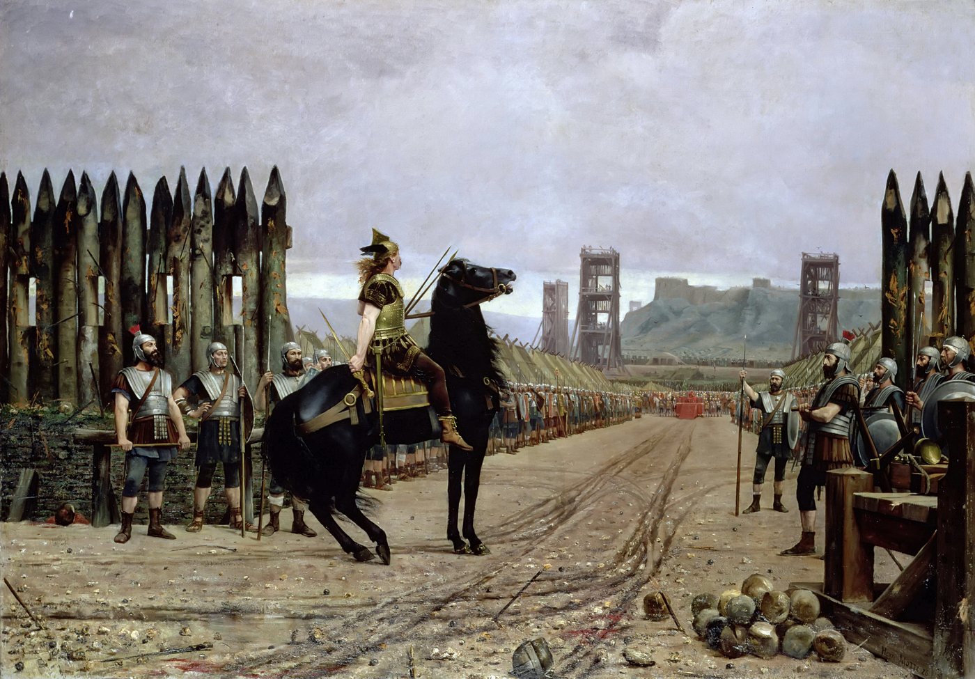 Painting of a Gallic chieftain on horseback riding before Caesar seated among Roman soldiers and siege works