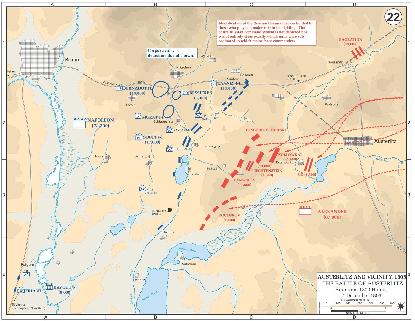 Coloured military map of Austerlitz with French units in blue and Russian and Austrian units in red