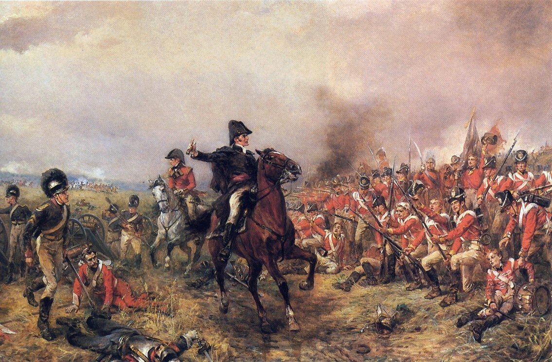 Painting of Wellington on horseback gesturing among British infantry and artillery in battle smoke