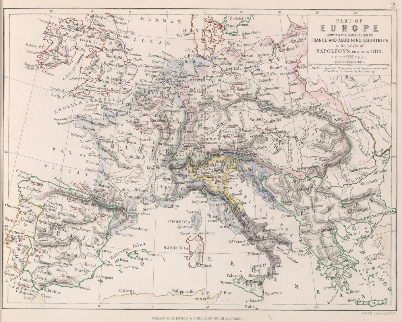 Ręcznie kolorowana dziewiętnastowieczna mapa Europy Zachodniej i Środkowej w 1812 roku, od Irlandii i Hiszpanii po Warszawę i Konstantynopol, z Cesarstwem Francuskim i sąsiadami w różnych kolorach i polami bitew podkreślonymi na czerwono.