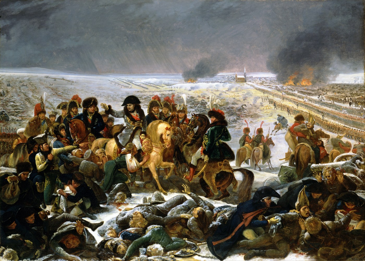 Obraz: Napoleon na jasnym koniu unosi rękę nad zaśnieżonym polem bitwy pełnym zabitych i rannych żołnierzy; w tle płonące wsie i szeregi wojska.
