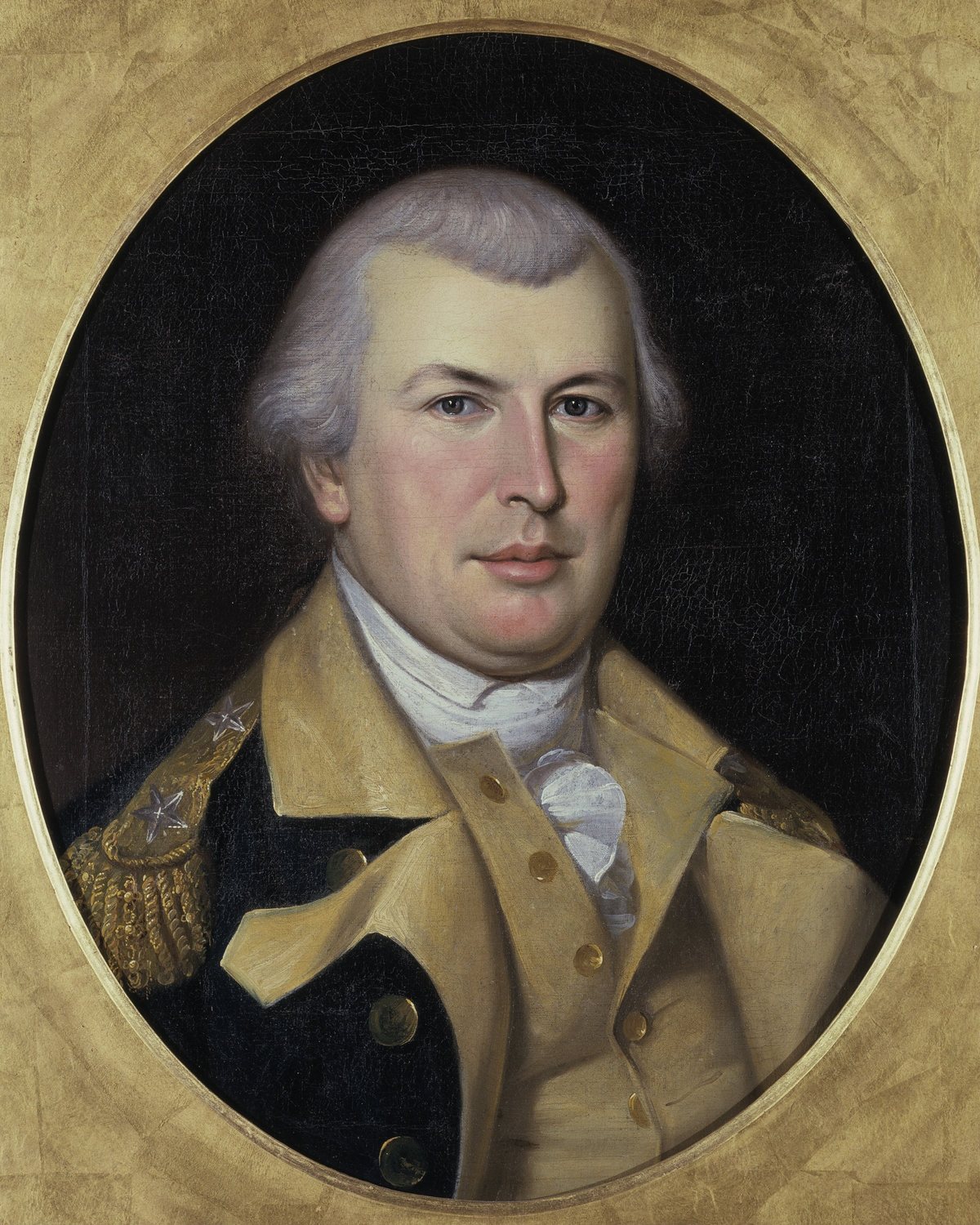 Oval portrait of Nathanael Greene in a blue and buff uniform with gold epaulettes
