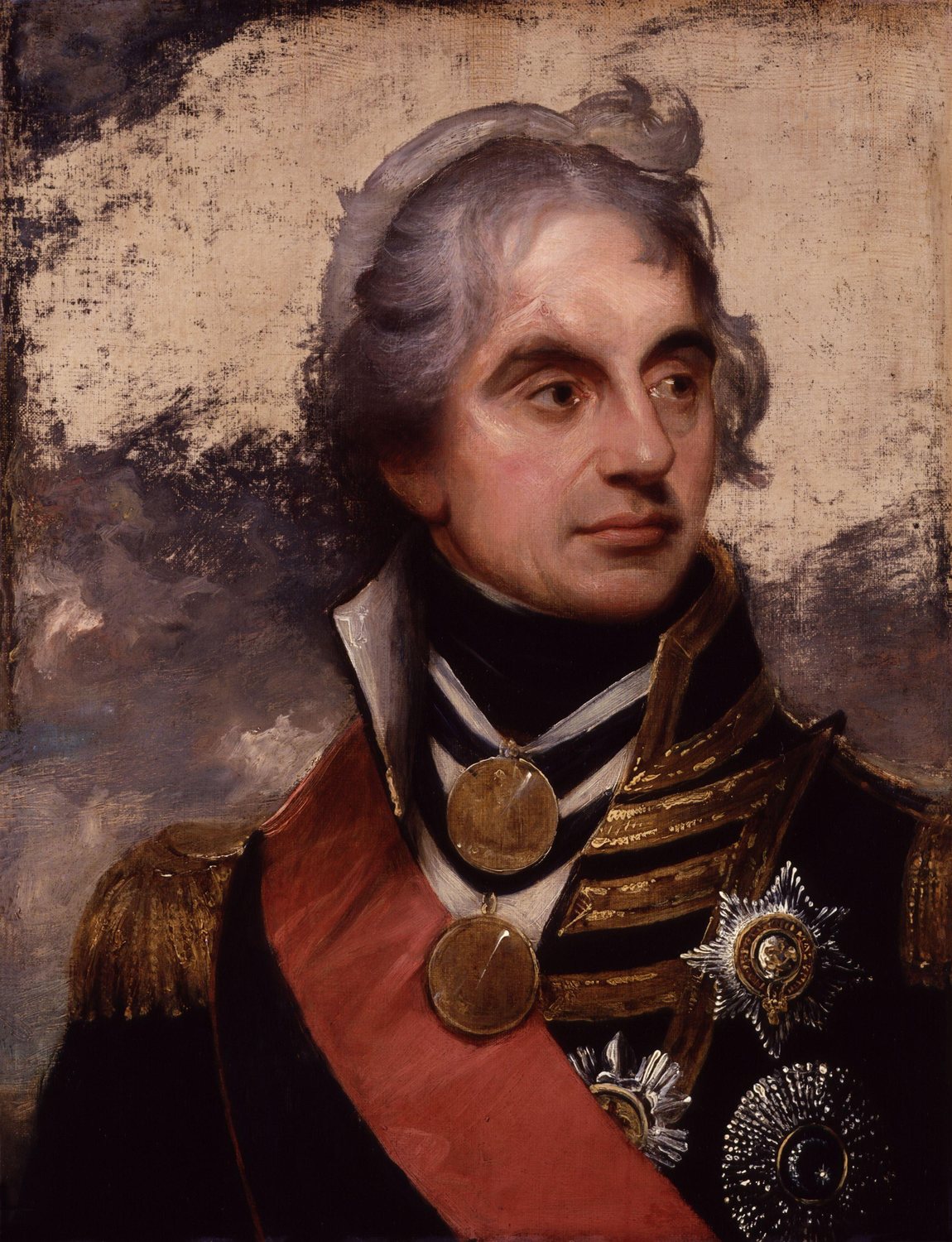 Portrait of Nelson with grey hair in a dark naval coat with gold epaulettes and stars of chivalric orders