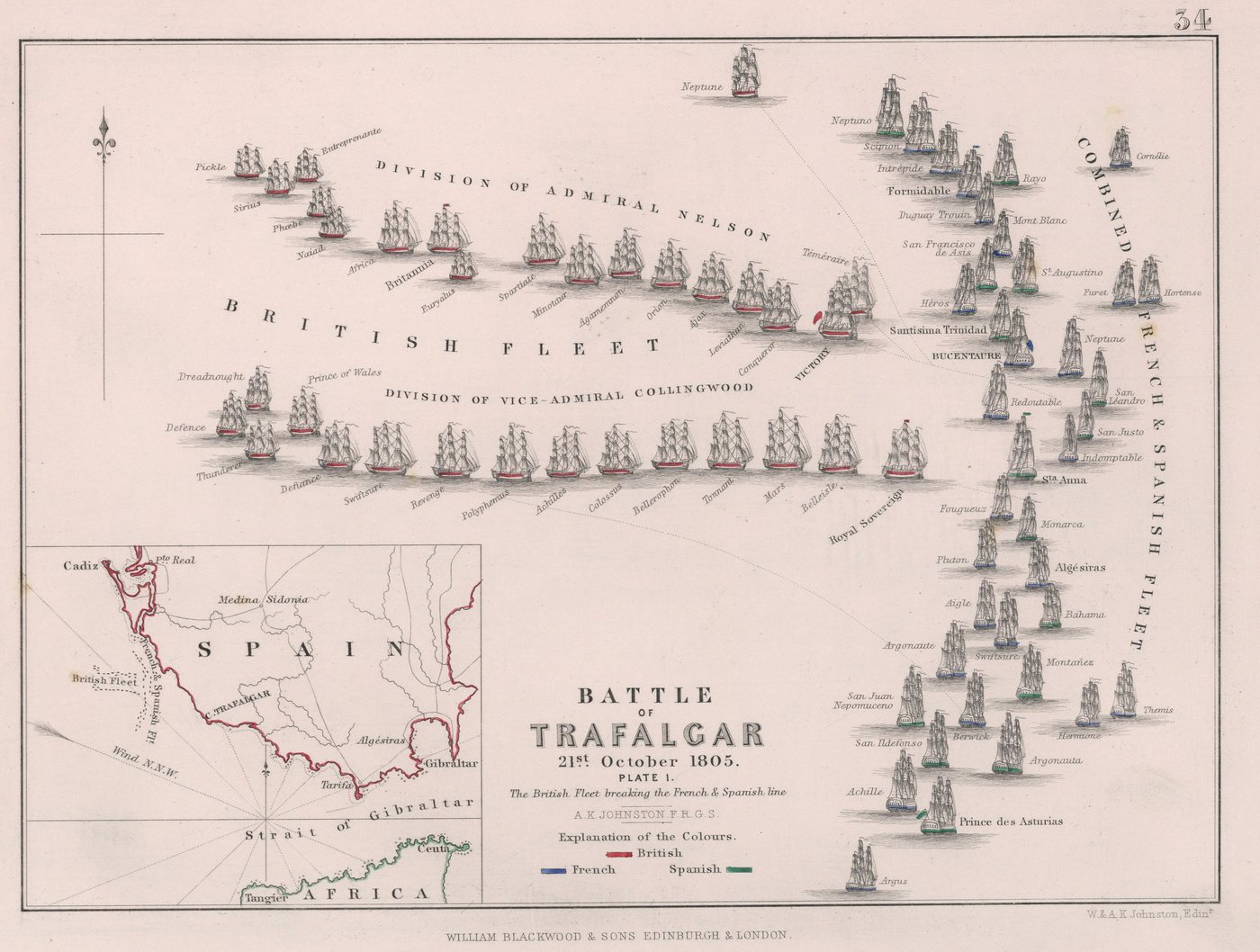 19th-century naval battle plan showing two British columns of ships cutting through a curved enemy line