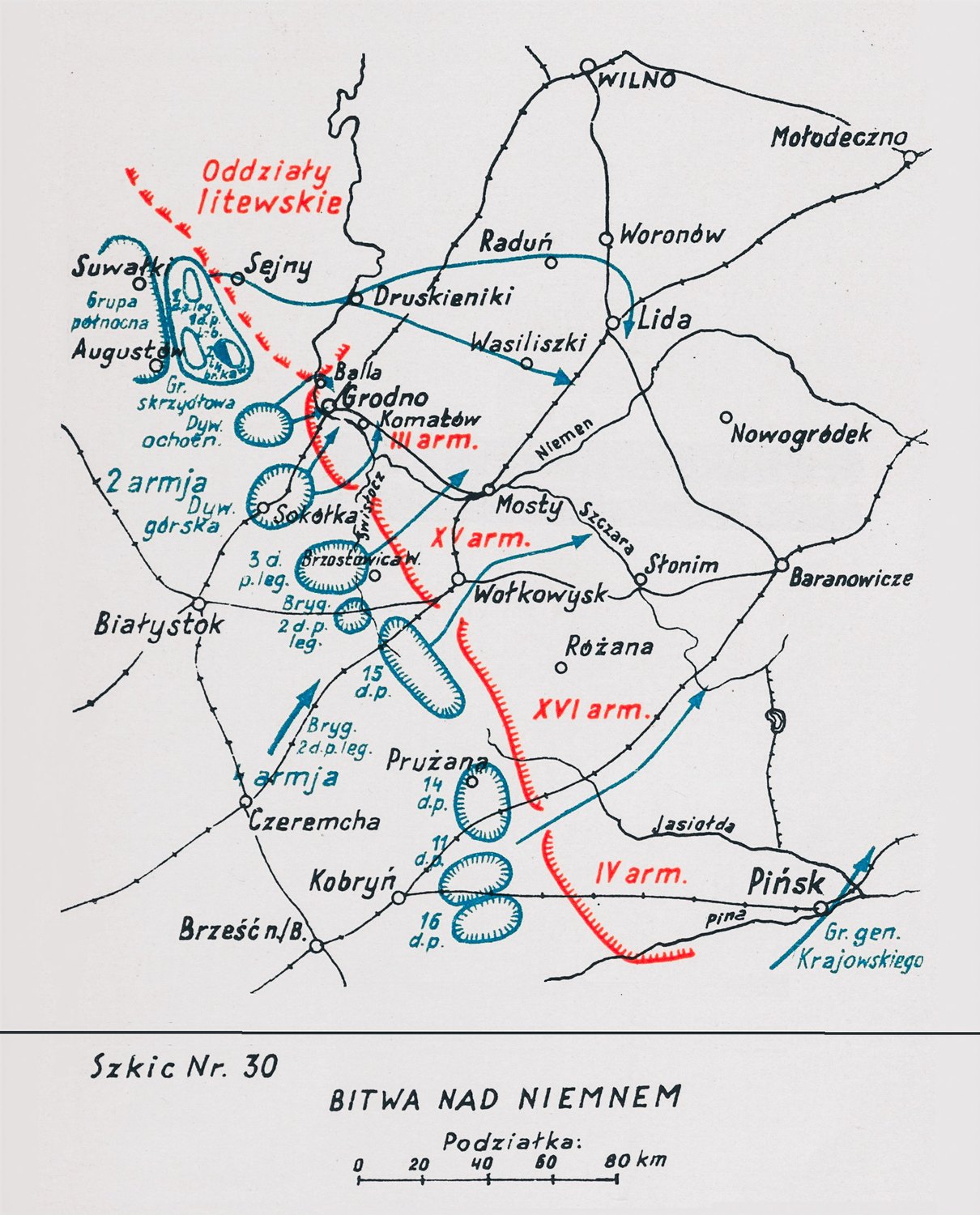 Hand drawn sketch map of the Niemen region with Grodno, Lida, Druskieniki, Wołkowysk and Białystok, blue Polish arrows sweeping north of Grodno toward Lida and red lines marking the Soviet III, XV, XVI and IV armies