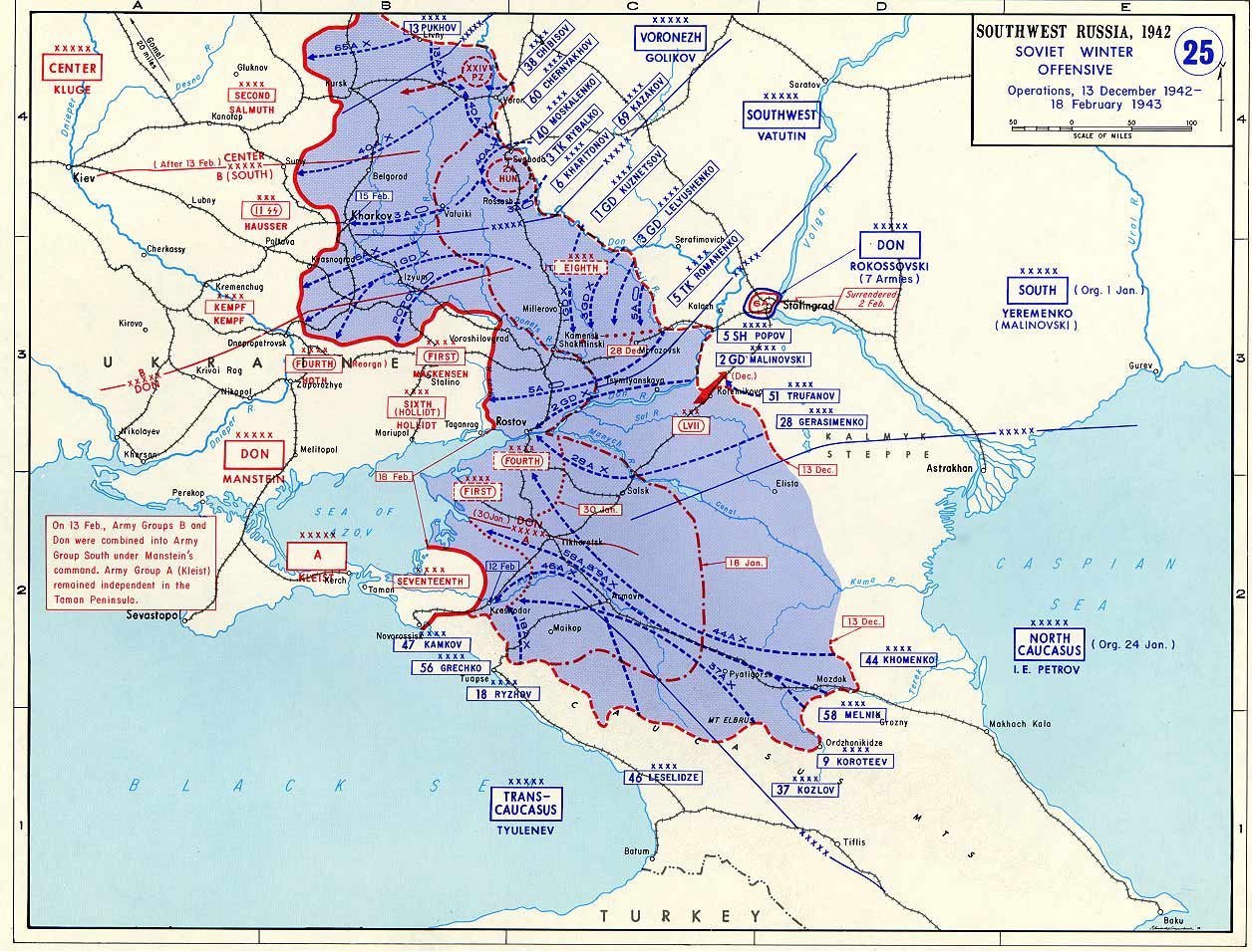 Military campaign map of southern Russia with Soviet advances in blue arrows and German positions in red, from Stalingrad and Rostov to the Caucasus mountains and the Taman peninsula