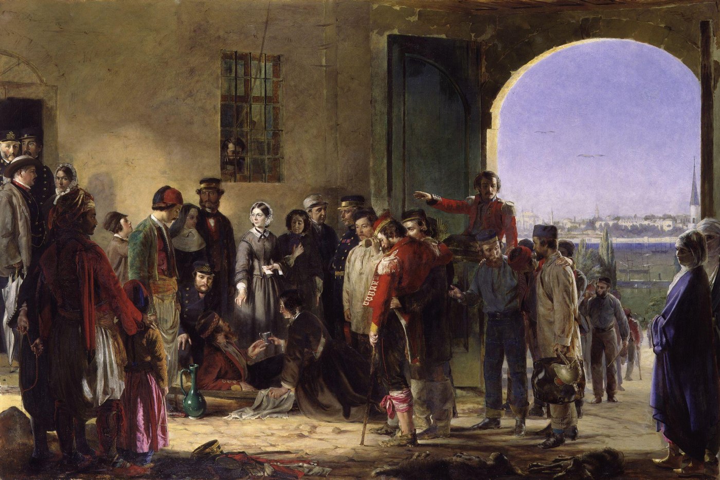 Painting of a crowded hospital courtyard: a woman in a gray dress and white cap holds a paper while wounded soldiers, officers, nurses and local people gather around her, with a view of the Bosporus through an arch