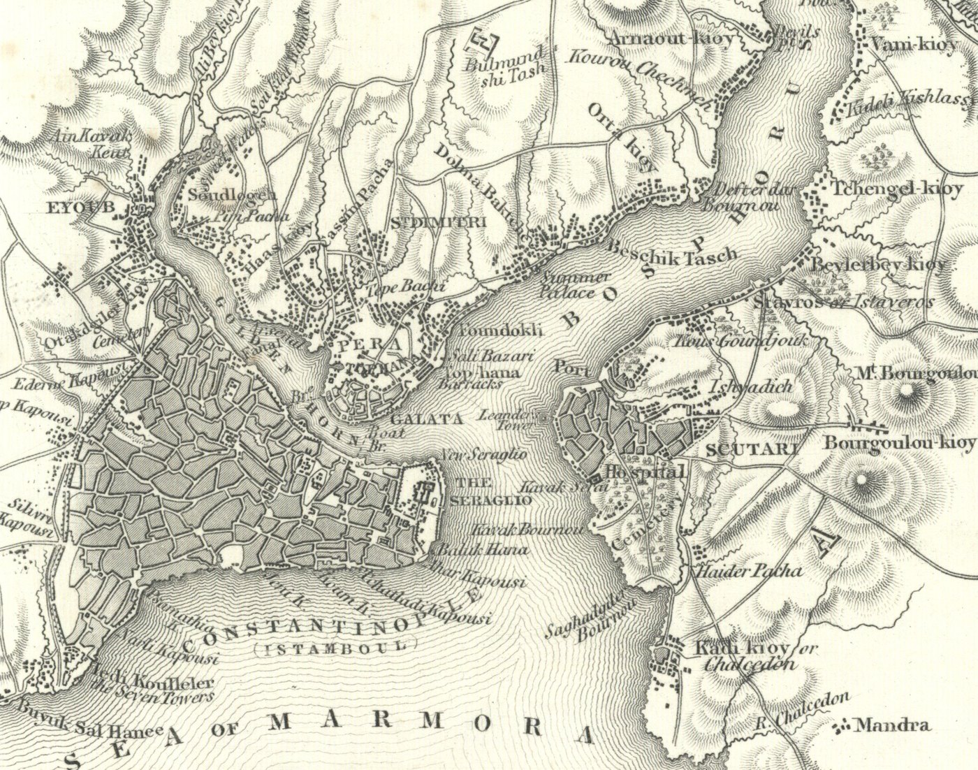 Engraved map of Constantinople, the Golden Horn and the Bosporus, with the town of Scutari and a building marked Hospital on the Asian shore