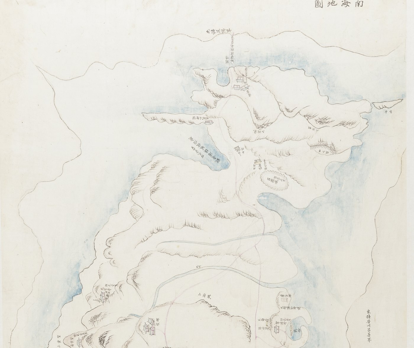 Hand drawn map of Namhae Island in ink with pale blue wash for the sea, ridges of hills, red roads, walled towns and small labels in Chinese characters, with the mainland coast running across the top