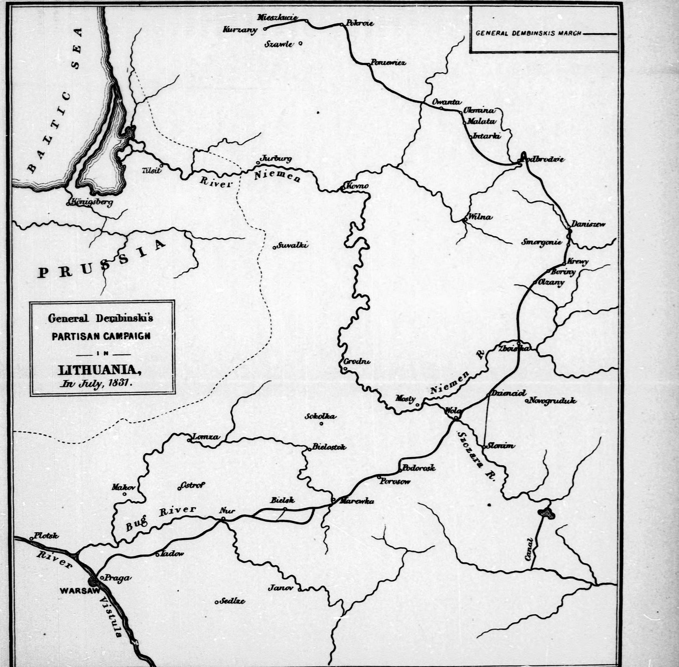 Czarno-biała XIX-wieczna mapa ziem między Warszawą, Królewcem a Wilnem z Wisłą, Bugiem i Niemnem, przerywaną granicą pruską i grubą linią marszu z Litwy z powrotem do Warszawy.