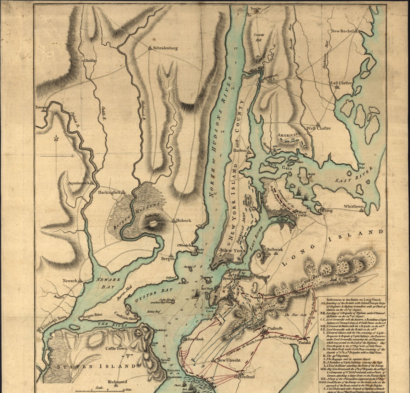 Hand-colored eighteenth-century map of New York harbor: Manhattan marked New York Island and County with the American army, the East and Hudson rivers, Staten Island, and on Long Island red and blue lines of troop movements toward Brooklyn, Flatbush and the wooded heights.