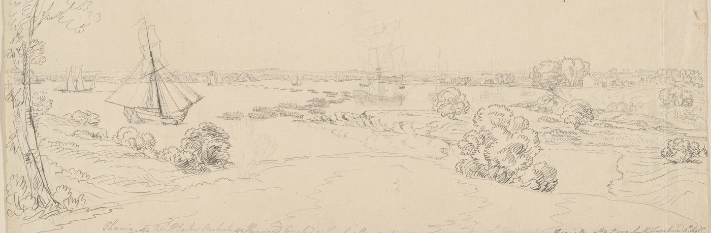 Pencil sketch of a wide bay seen from a wooded shore: a sloop under sail in the foreground, a larger warship and small boats on the water, and a low far shore with trees and a house.
