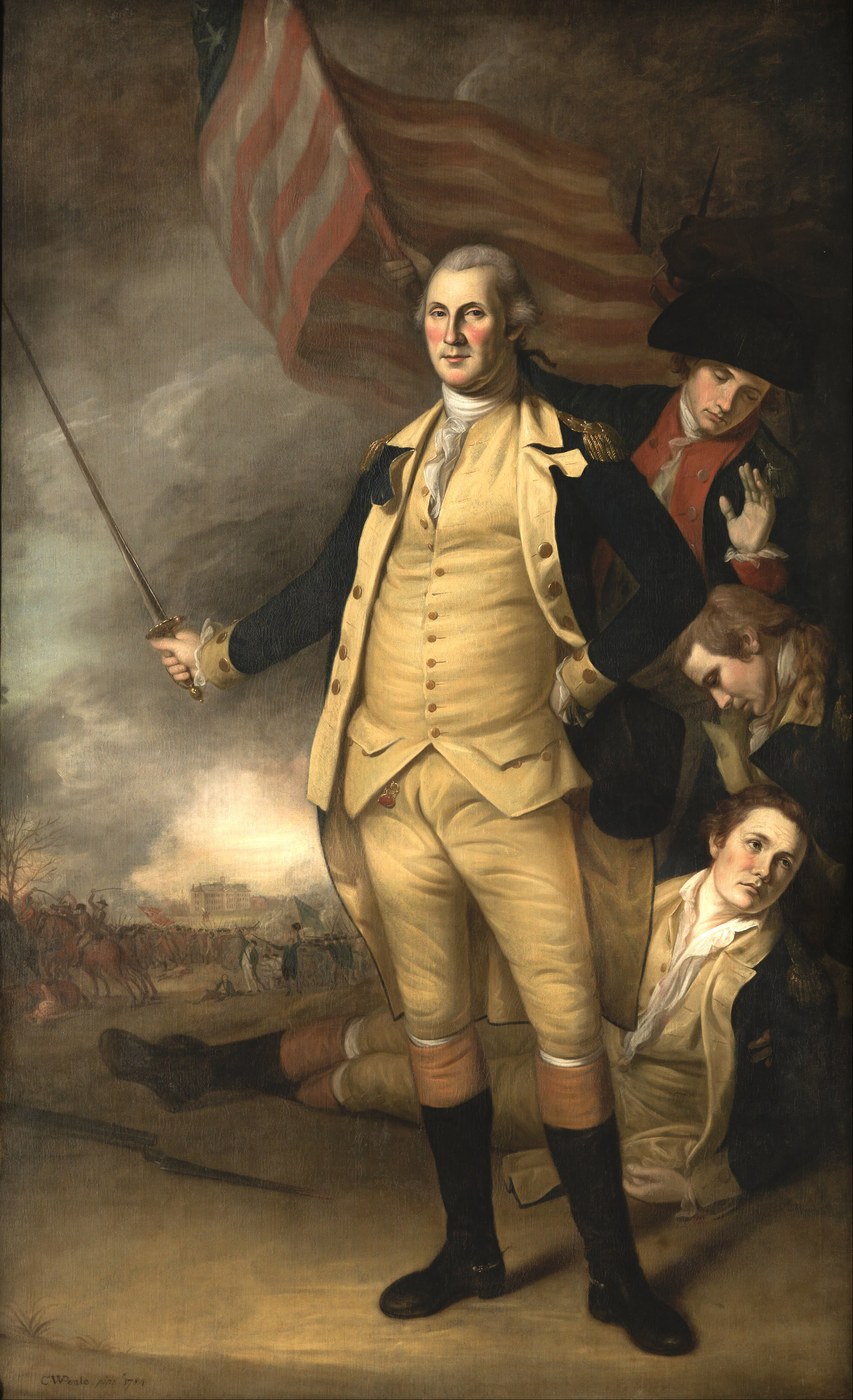 Full-length painted portrait of George Washington in a blue and buff uniform, sword in hand, standing before a flag with thirteen stripes; behind him officers support a dying general, and in the distance troops fight before a large college building.