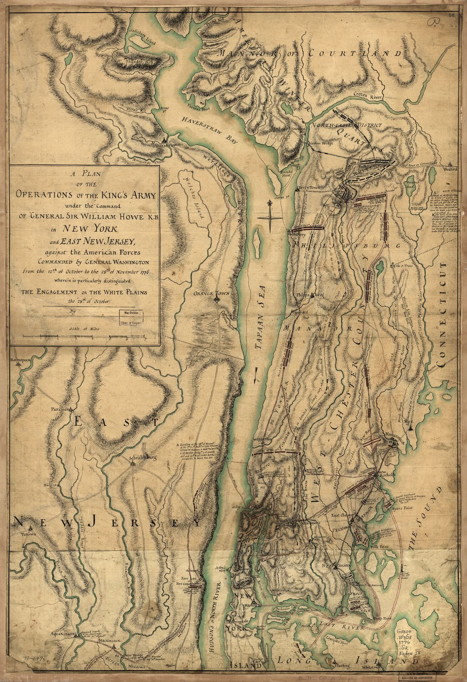 Hand-drawn and colored manuscript map of the lower Hudson valley: the Hudson running north from Manhattan, Westchester County with lines of British and American troop positions around White Plains, and New Jersey to the west with Fort Lee.