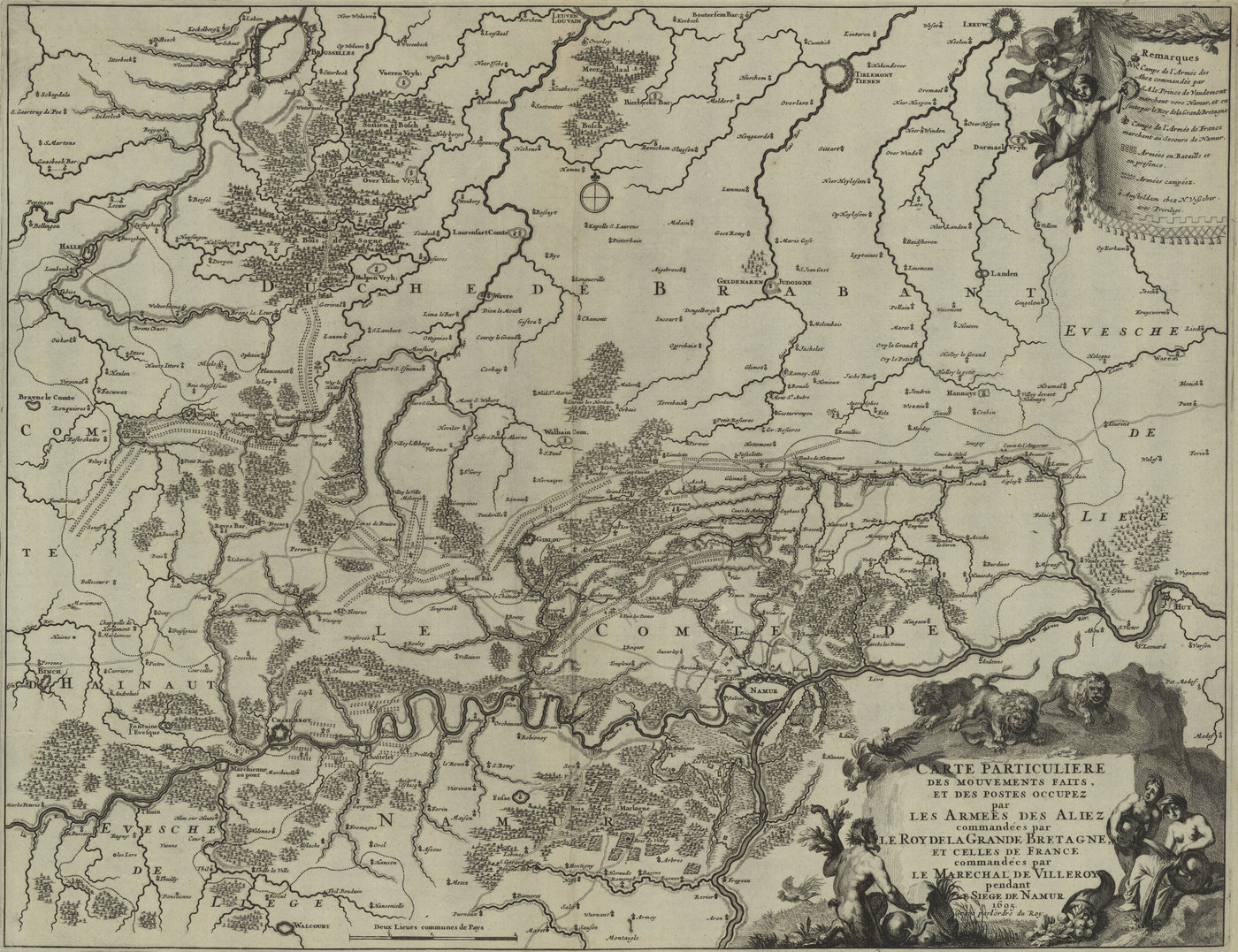 Sztychowana mapa obszaru między Brukselą, Liège i Namur z Brabancją, Hainaut i hrabstwem Namur, rzekami, lasami i wsiami oraz ujściem Sambry do Mozy pod Namur, z dużym ozdobnym kartuszem tytułowym z lwami w prawym dolnym rogu.