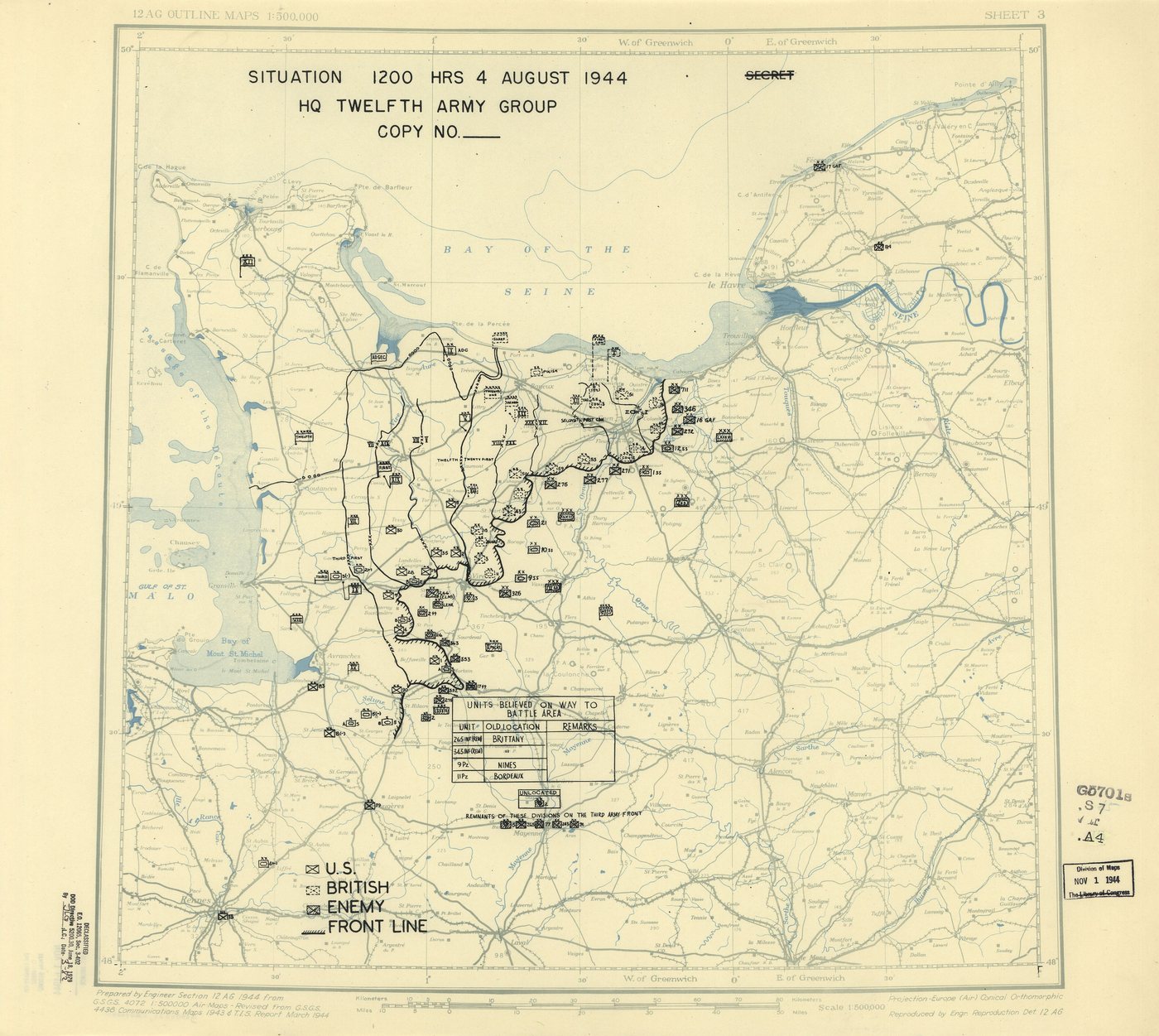 Military situation map of Normandy and Brittany with front lines and unit symbols