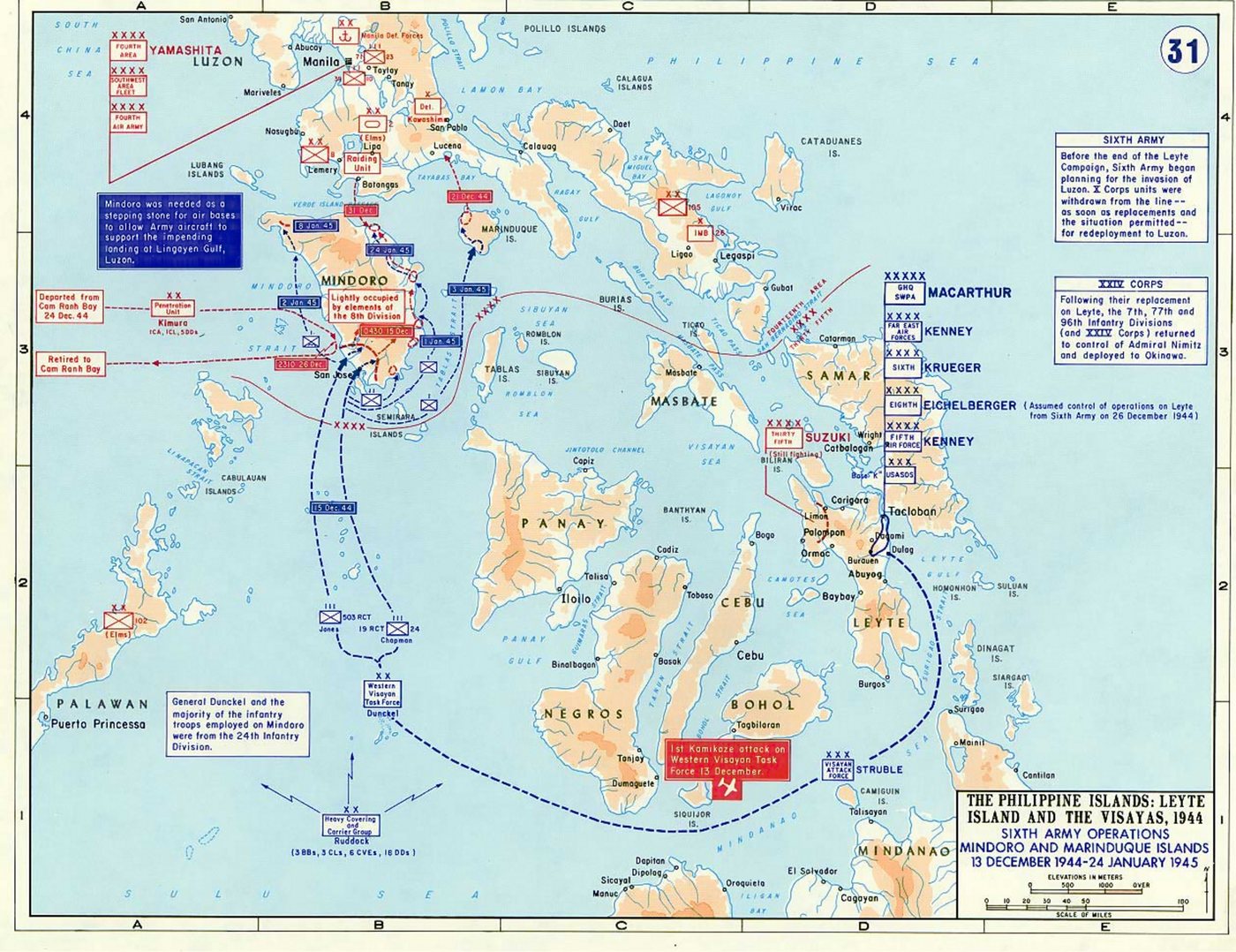 Mapa wojskowa środkowych Filipin z Luzonem, Mindoro i małymi wyspami Lubang oraz trasami amerykańskich desantów