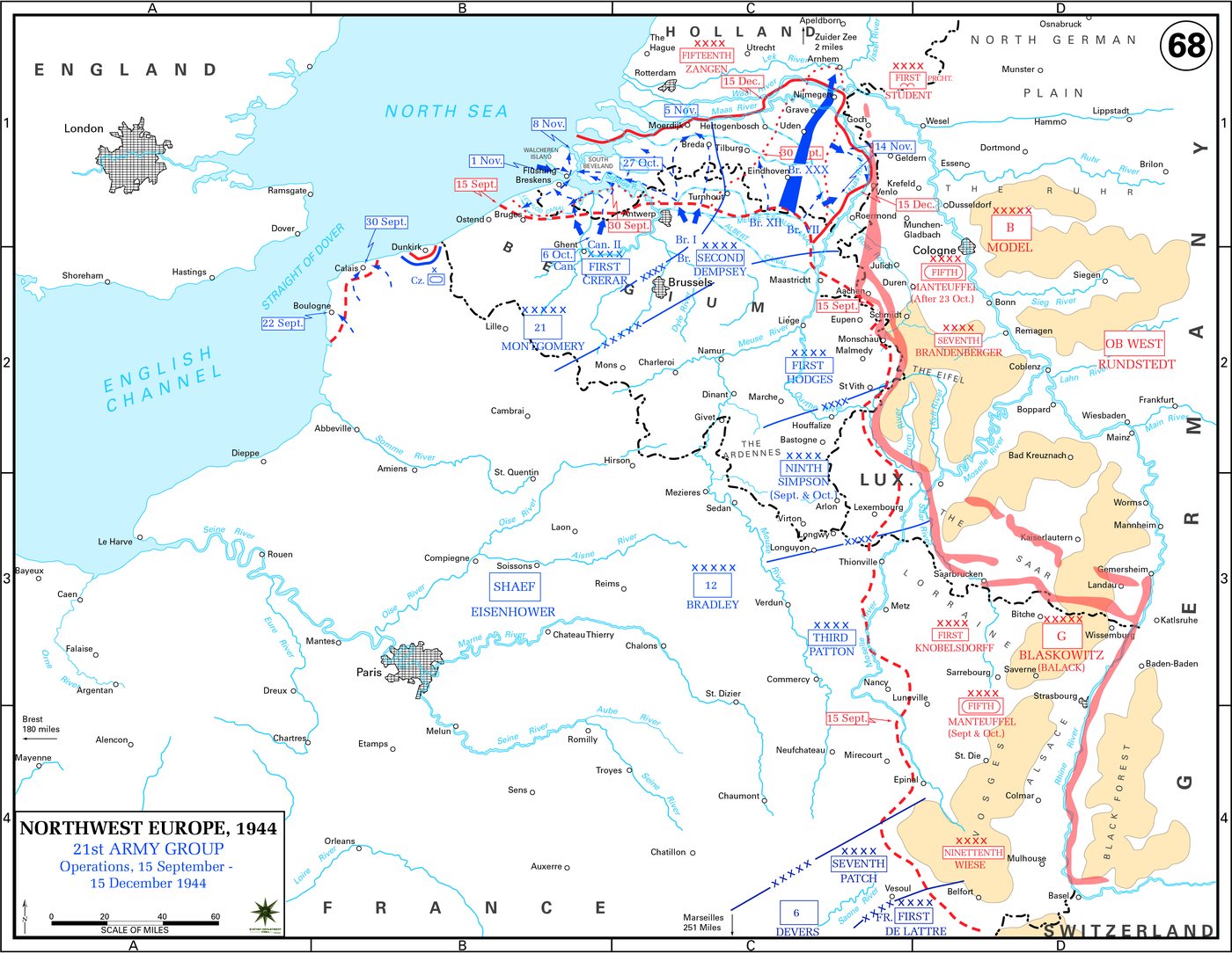 Military map of the Low Countries in autumn 1944 with Allied advances in blue and German formations in red