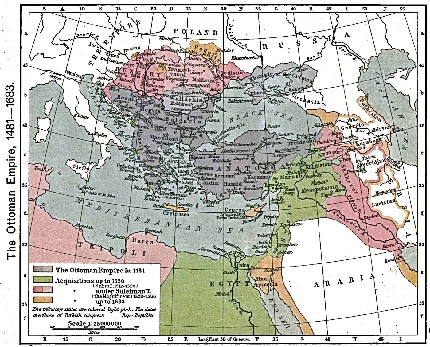 Barwna mapa historyczna Europy Południowo-Wschodniej, Anatolii i Bliskiego Wschodu: Imperium Osmańskie z 1481 roku na szaro wokół Morza Egejskiego i Czarnego, późniejsze podboje na zielono w Syrii, Egipcie i nad Morzem Czerwonym, na różowo na Węgrzech, w Mezopotamii i Afryce Północnej, a na pomarańczowo na Podolu i Krecie.