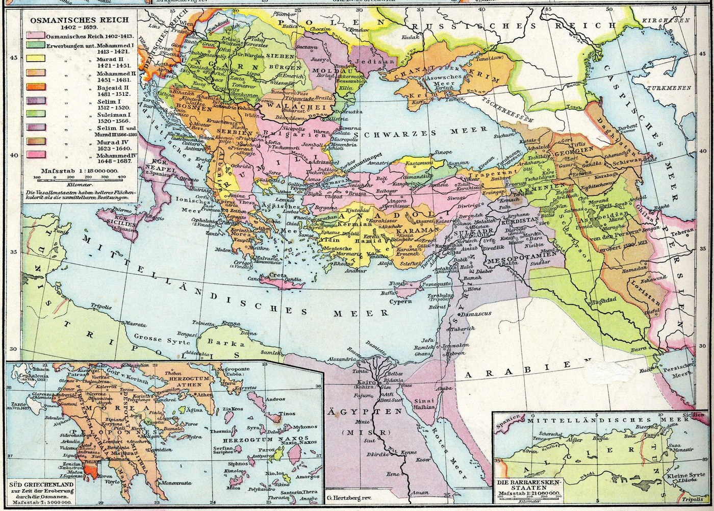Colored historical map of the Ottoman Empire and southeastern Europe: the Balkans, Hungary, Wallachia and Moldavia, the Crimea, Anatolia and Egypt shaded by the sultan under whom each land was conquered, with a legend in German and insets of southern Greece and North Africa.