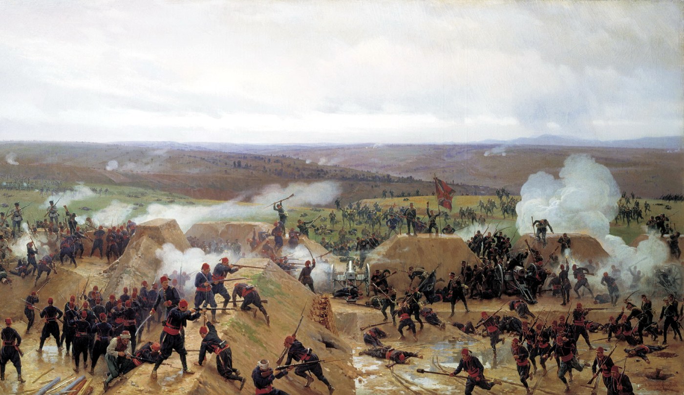 Oil painting of infantry in dark uniforms storming earthwork redoubts under a gray sky, a red banner raised on the parapet, a field gun among the fallen and white smoke drifting across a wide plain.