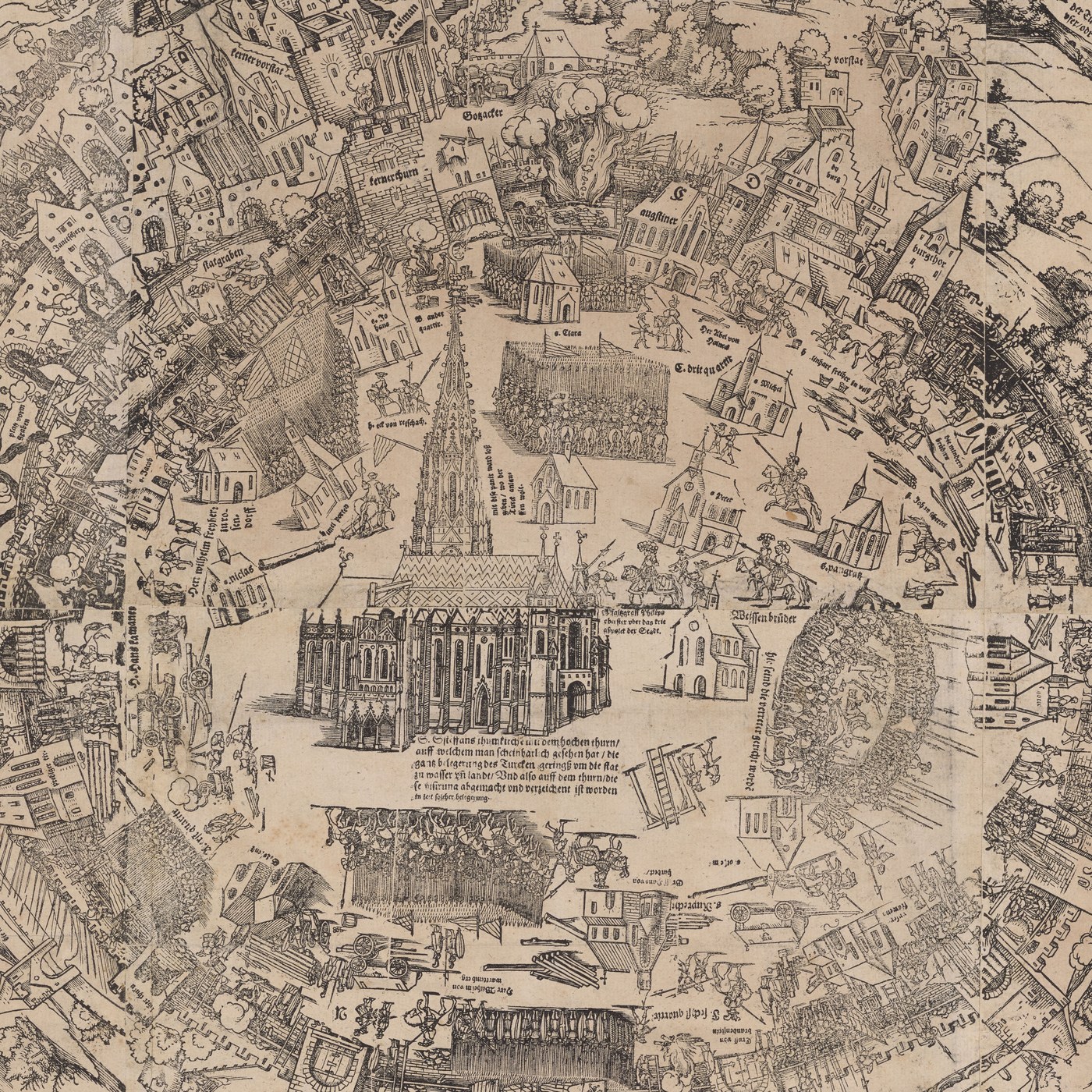 Detail of a circular woodcut panorama of a besieged city: the tall spire of St. Stephen's Cathedral at the center, squares of pikemen in the streets, cannon and troops along the walls and burning suburbs beyond, with captions in German blackletter.