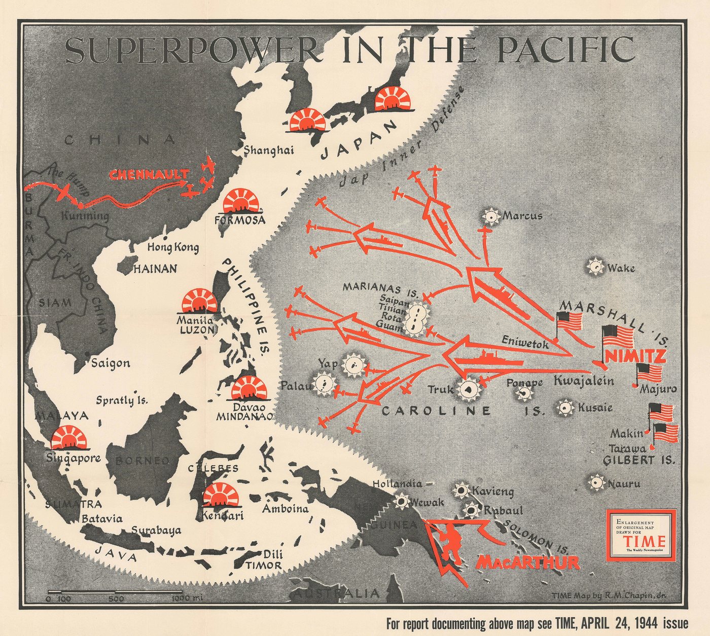Pictorial 1944 map of the western Pacific with red arrows labelled Nimitz and MacArthur pointing towards Japan