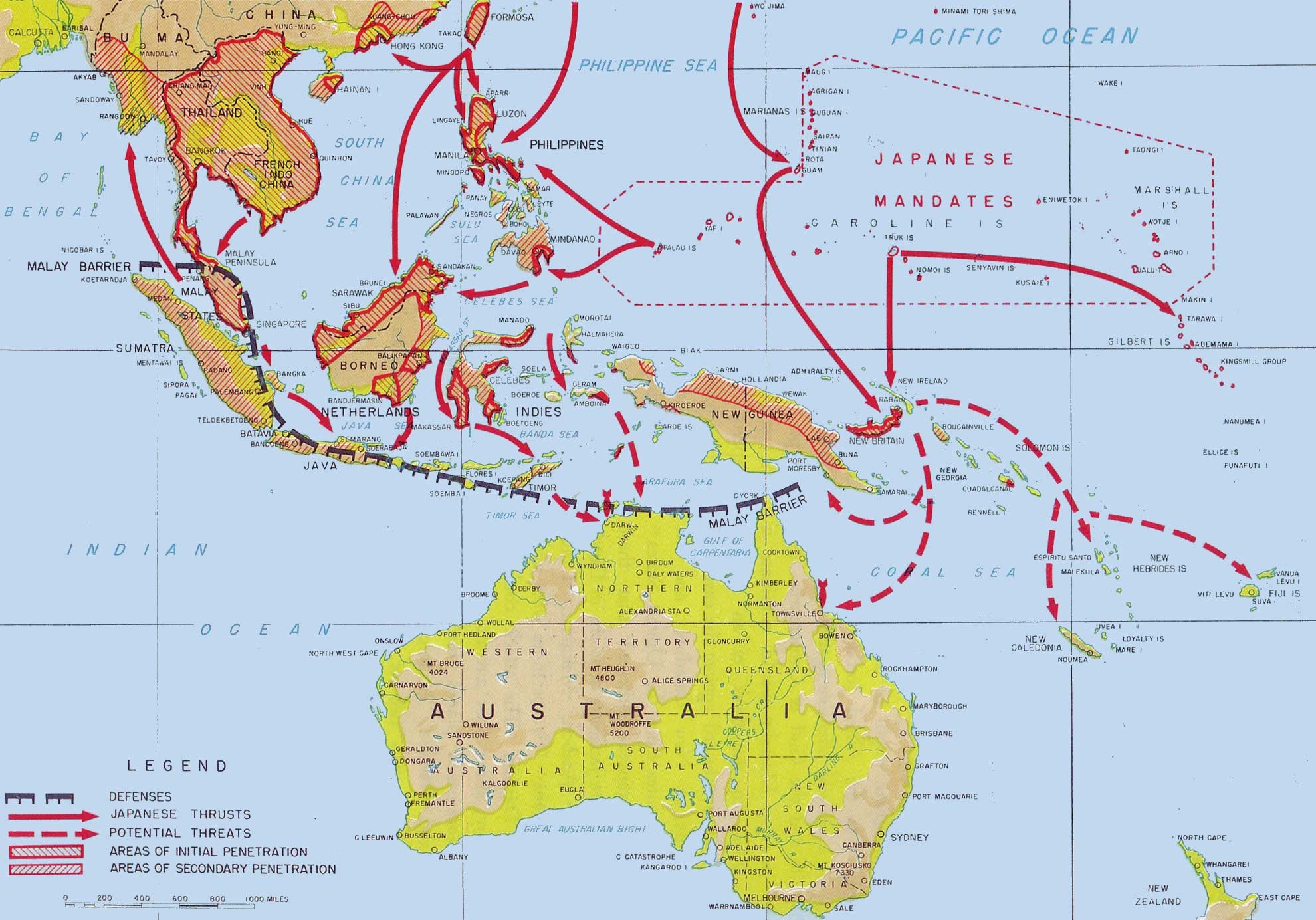 Colored map of Southeast Asia, the East Indies, Australia and the western Pacific with red arrows of Japanese thrusts, hatched areas of Japanese penetration and the Malay Barrier marked as a defense line.