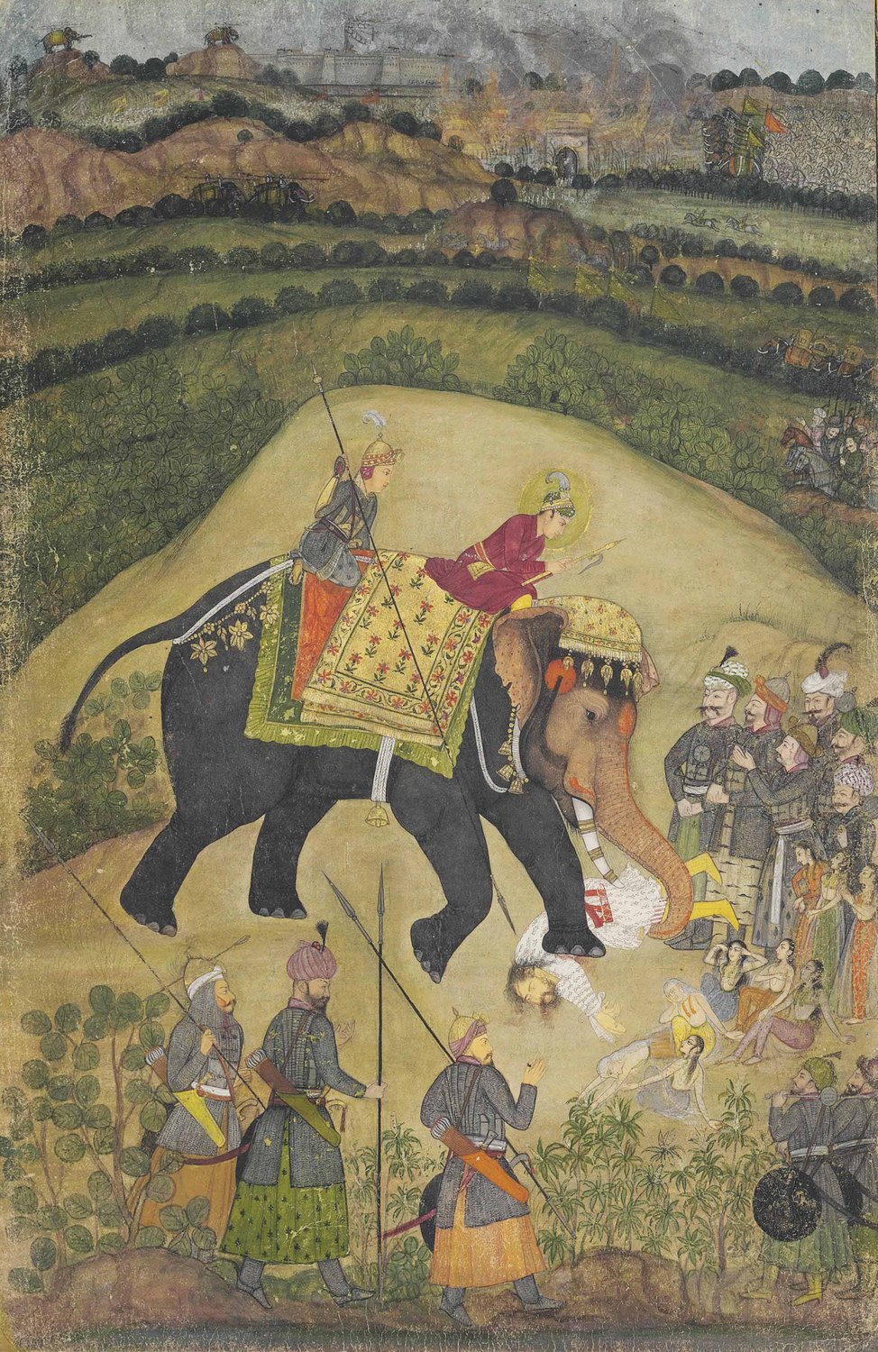 Painting of a young prince with a halo riding a black elephant over a fallen man, with armed courtiers, mourning women, burning buildings and hills behind