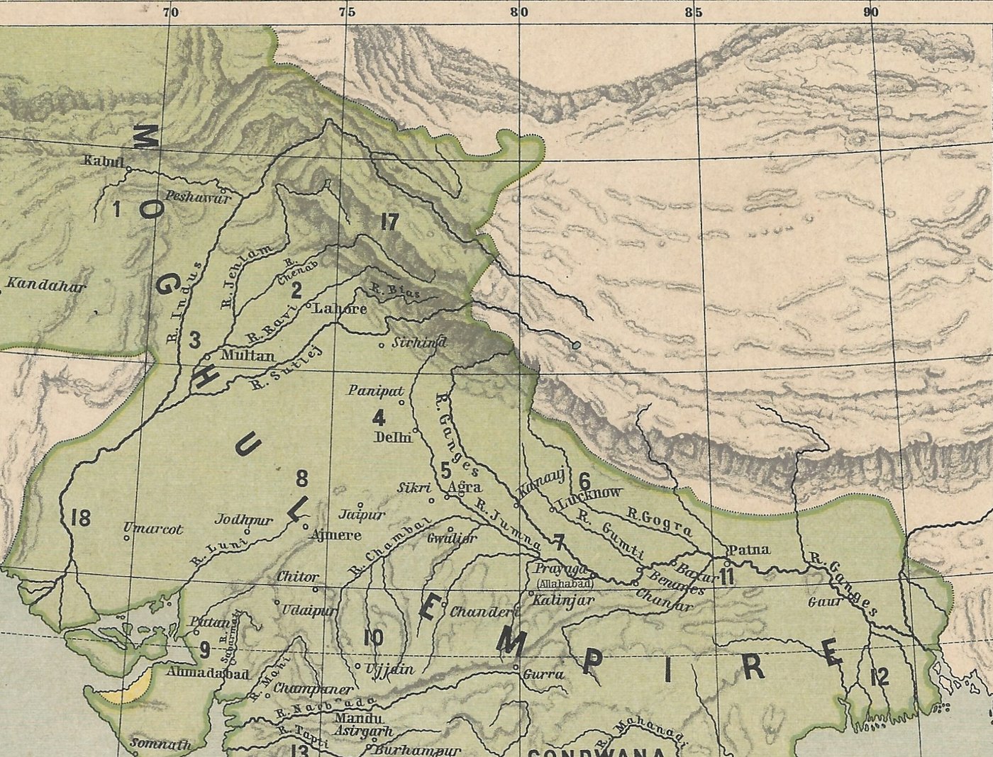 Colored historical map of northern India with the Mogul Empire shaded green, marking Kabul, Lahore, Sirhind, Panipat, Delhi, Agra and the rivers Indus, Jumna and Ganges