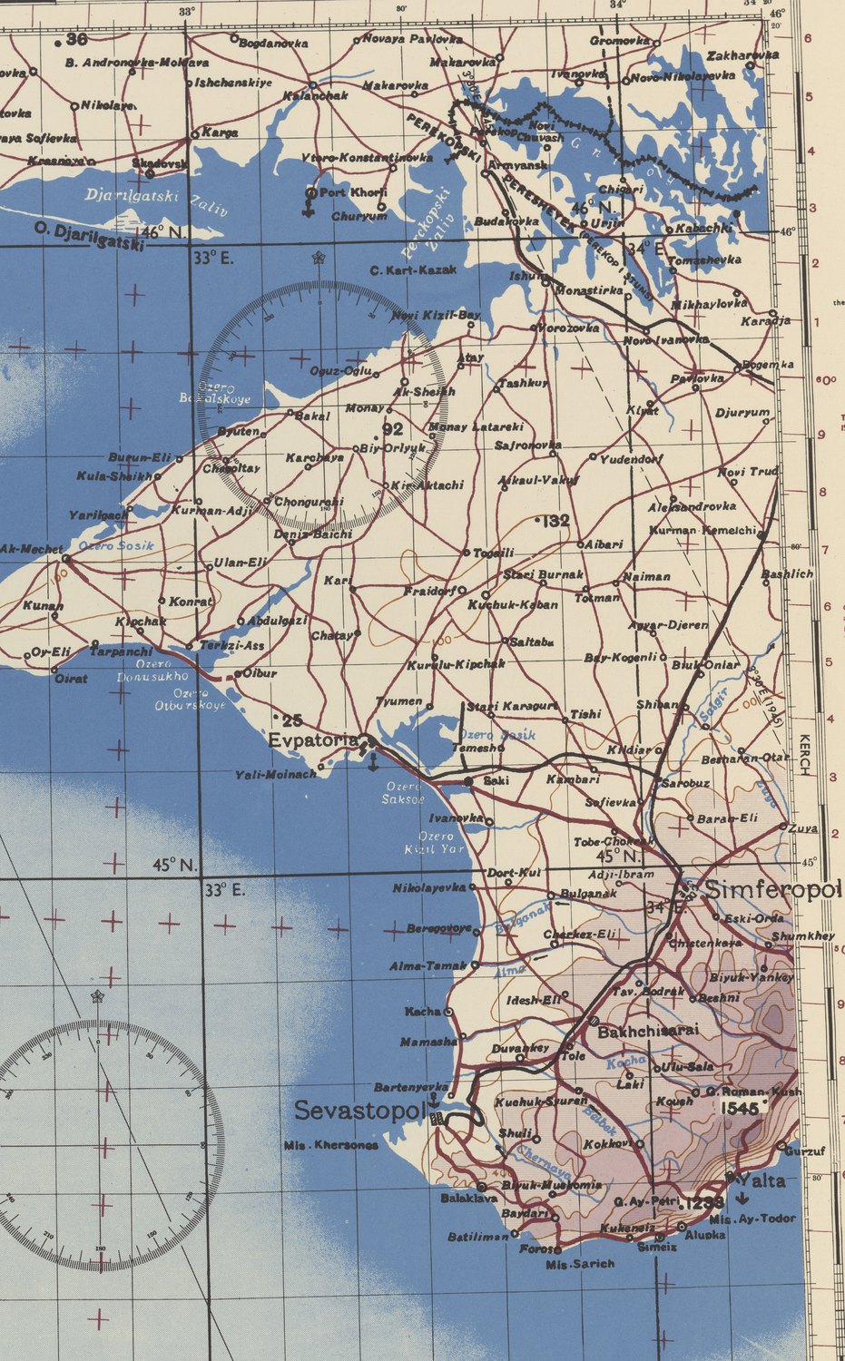 Color air chart of the Crimean peninsula with Sevastopol marked at its southwestern tip, Simferopol and Yalta inland and on the south coast