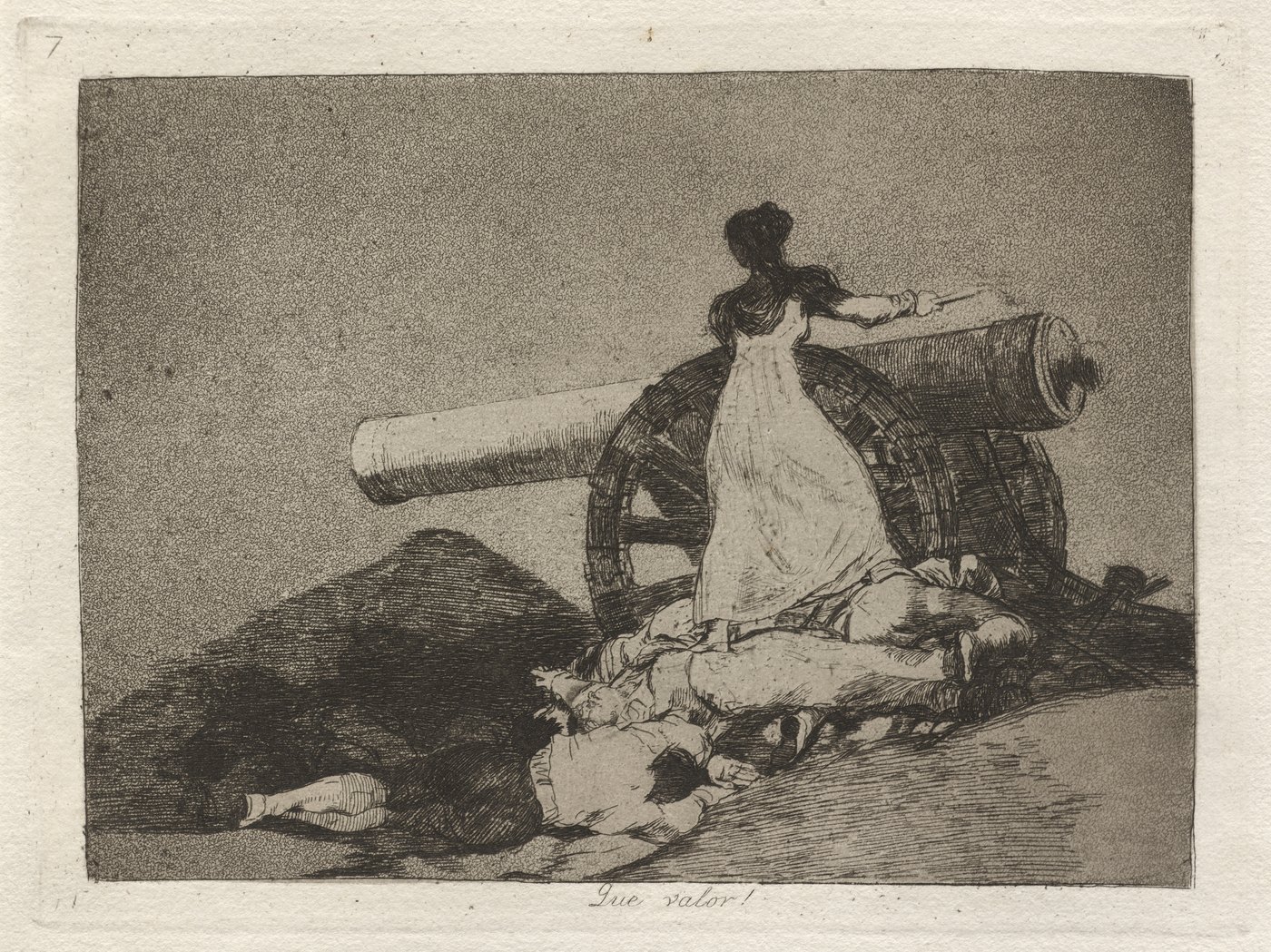 Etching: a young woman in a light dress stands on a heap of dead gunners and fires a large cannon, seen from behind against a dark sky.
