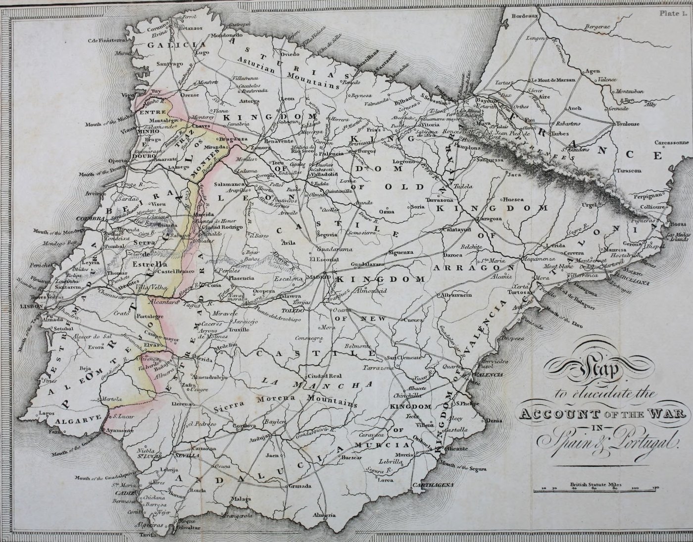 Engraved early 19th-century map of Spain and Portugal with the old kingdoms named in large letters, roads, rivers and mountain ranges, and the Portuguese frontier tinted pink and yellow.