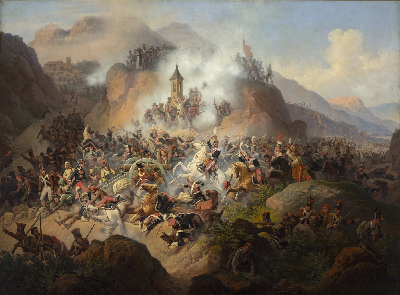 Oil painting of lancers in red and blue uniforms charging up a rocky mountain road through gun smoke, past fallen horses and Spanish infantry hiding among boulders.