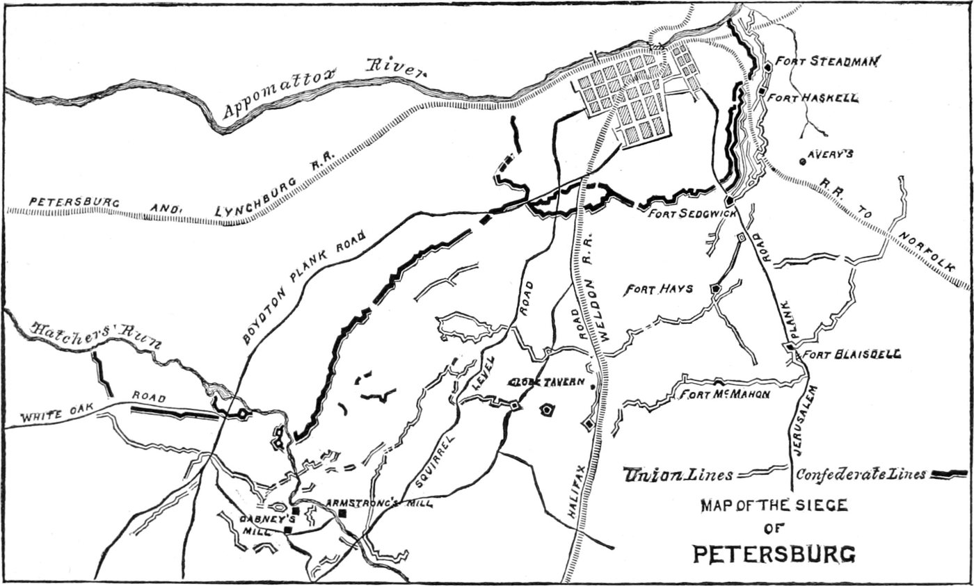 Czarno-biała mapa linii pod Petersburgiem z rzeką Appomattox, liniami kolejowymi, drogami i zaznaczonymi okopami Unii i Konfederacji