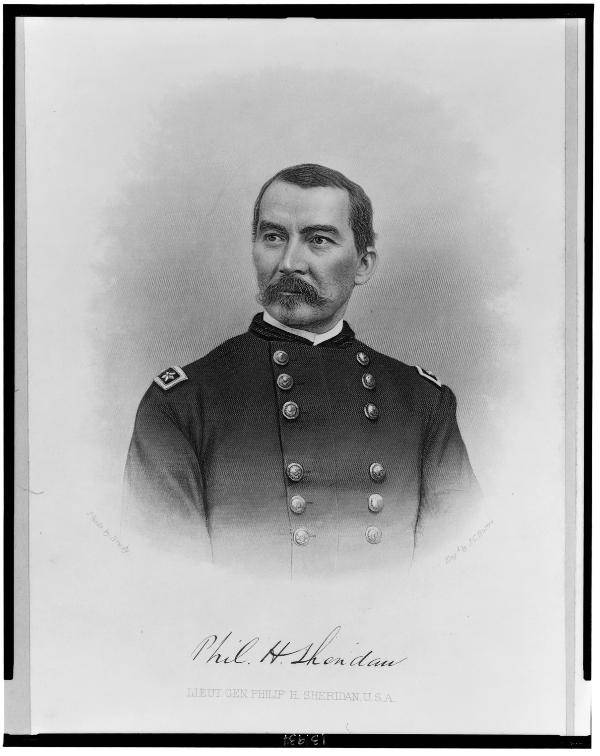 Engraved portrait of Sheridan with a moustache in a double-breasted uniform coat