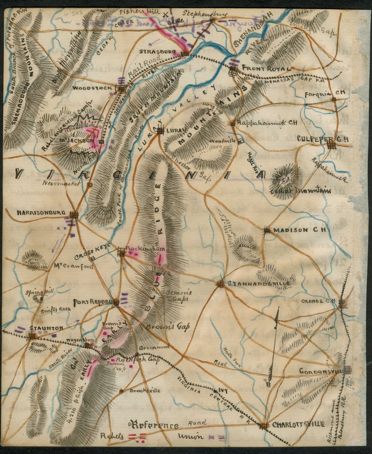 Hand-drawn coloured map of the Shenandoah Valley with mountains, roads and towns