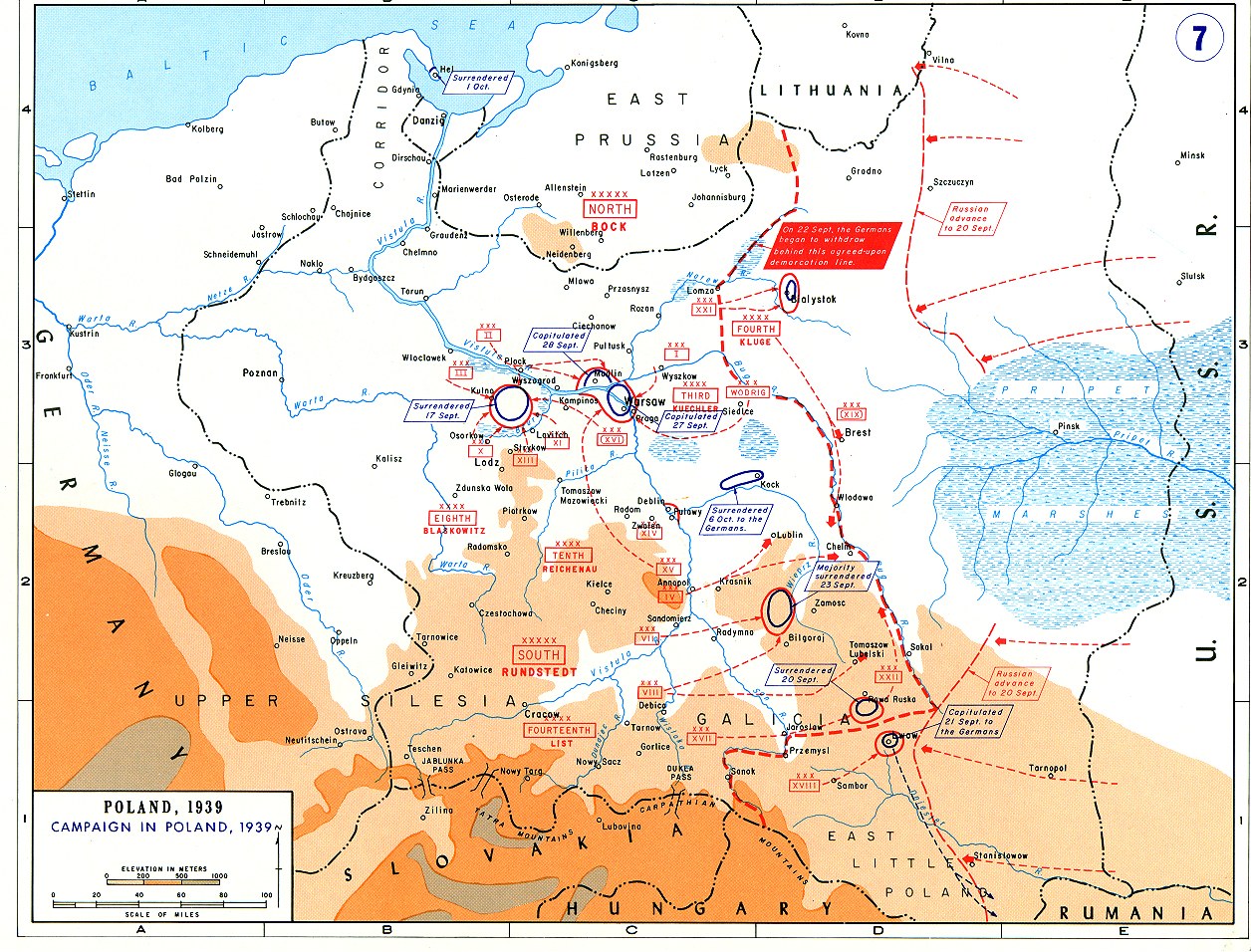 Barwna mapa kampanii od 14 września 1939: niebieskie owale oznaczają okrążone polskie zgrupowania pod Kutnem, Warszawą, Modlinem i Kockiem, czerwone przerywane strzałki pochód Armii Czerwonej ze wschodu, a gruba czerwona linia przerywana linię demarkacyjną.