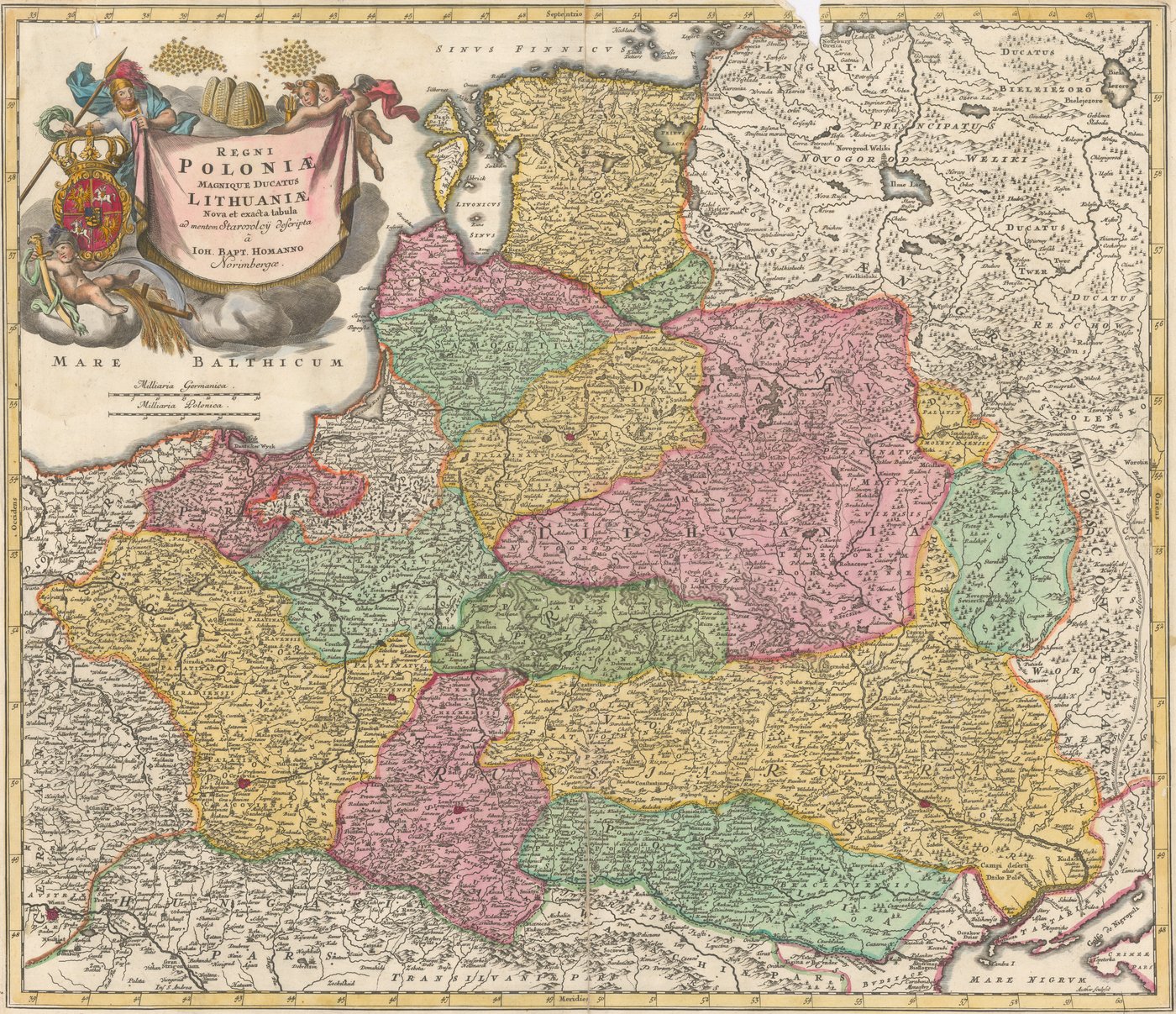 Ręcznie kolorowana mapa Królestwa Polskiego i Wielkiego Księstwa Litewskiego z początku XVIII wieku, z województwami w kolorach żółtym, różowym i zielonym, ozdobnym kartuszem tytułowym z herbem pod koroną, Bałtykiem w lewym górnym rogu i Morzem Czarnym w prawym dolnym.