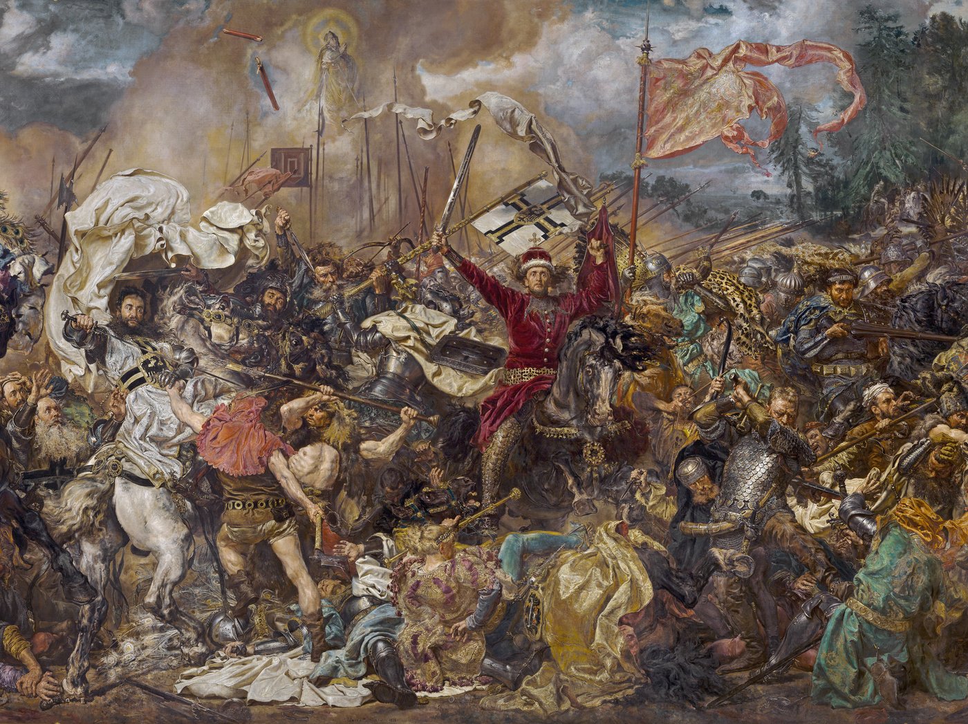 Fragment zatłoczonego obrazu batalistycznego: mężczyzna w czerwonym kaftanie i obszytej futrem czapce wznosi ręce pośród rycerzy w zbrojach, chorągwi z czarnymi krzyżami i powiewających płaszczy.