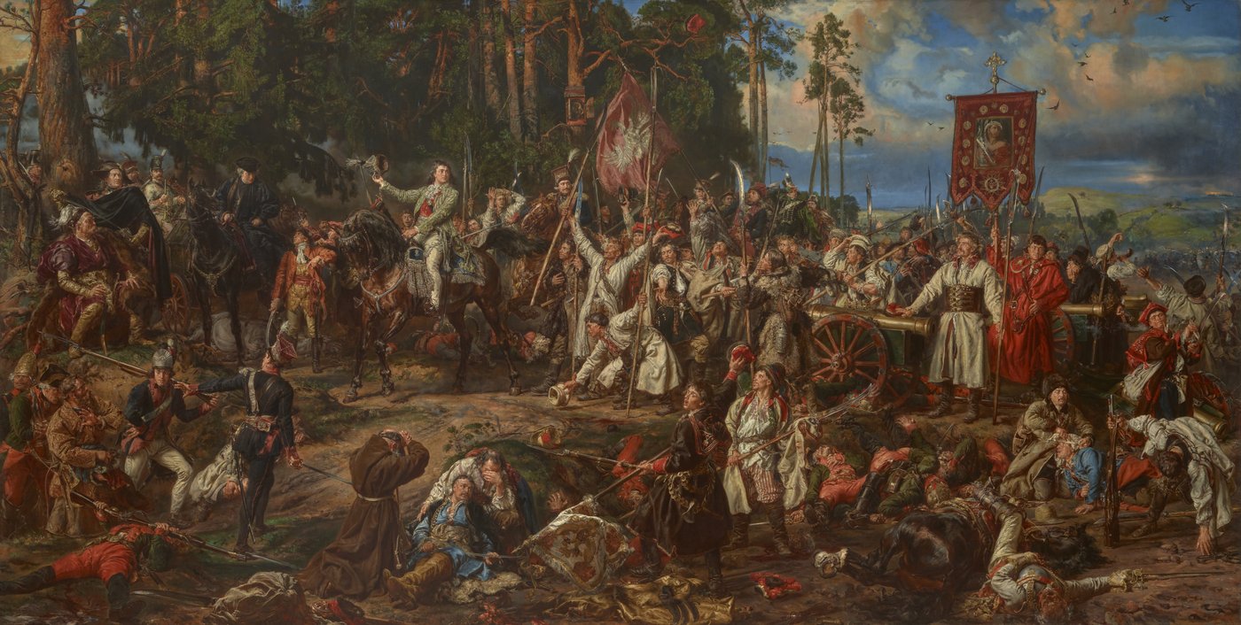 Obraz olejny polany leśnej po bitwie: jeździec unosi kapelusz w stronę wiwatujących chłopów z kosami i chorągwiami, obok zdobytych armat i poległych żołnierzy.