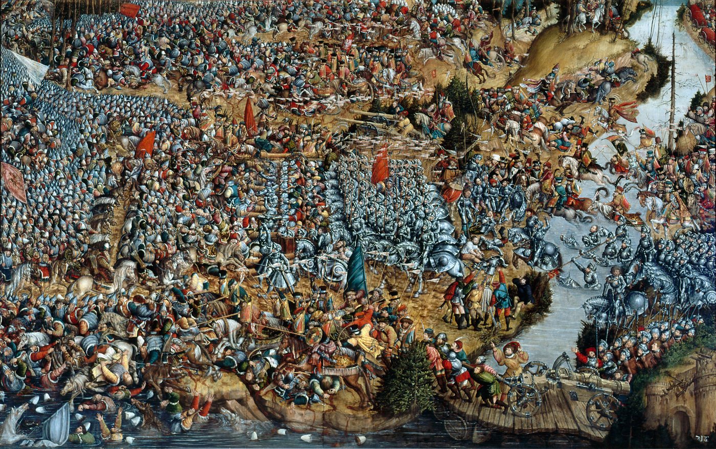 Crowded Renaissance battle painting with masses of horsemen, a river crossing and armoured knights