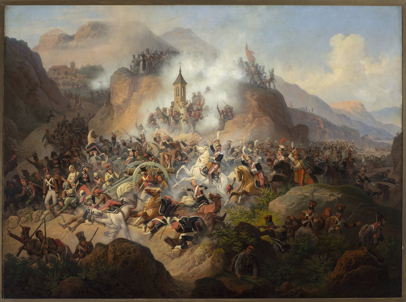 Painting of cavalry charging up a smoky mountain road past a chapel toward artillery on the heights