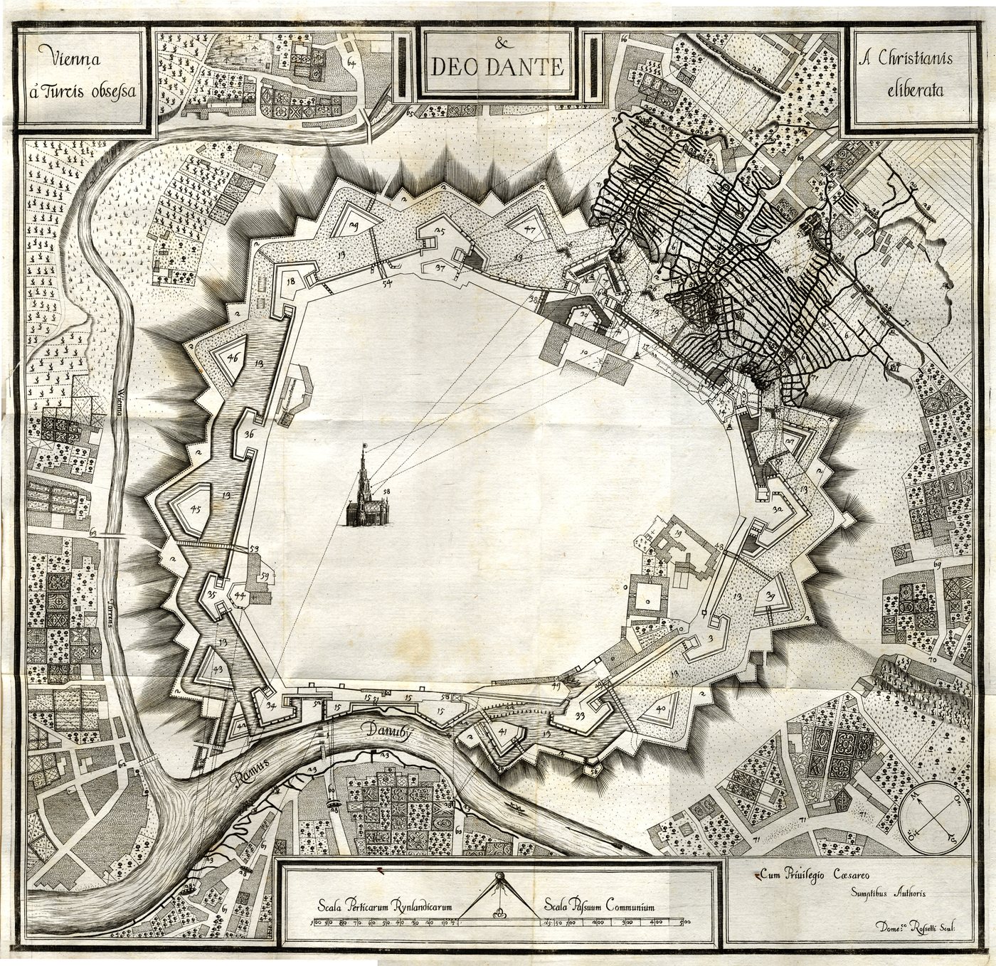 Engraved 17th century plan of fortified Vienna with bastions, the Danube and siege trenches