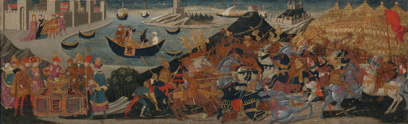 Long Renaissance panel painting with a cavalry battle on the right and boats by a coastal city on the left