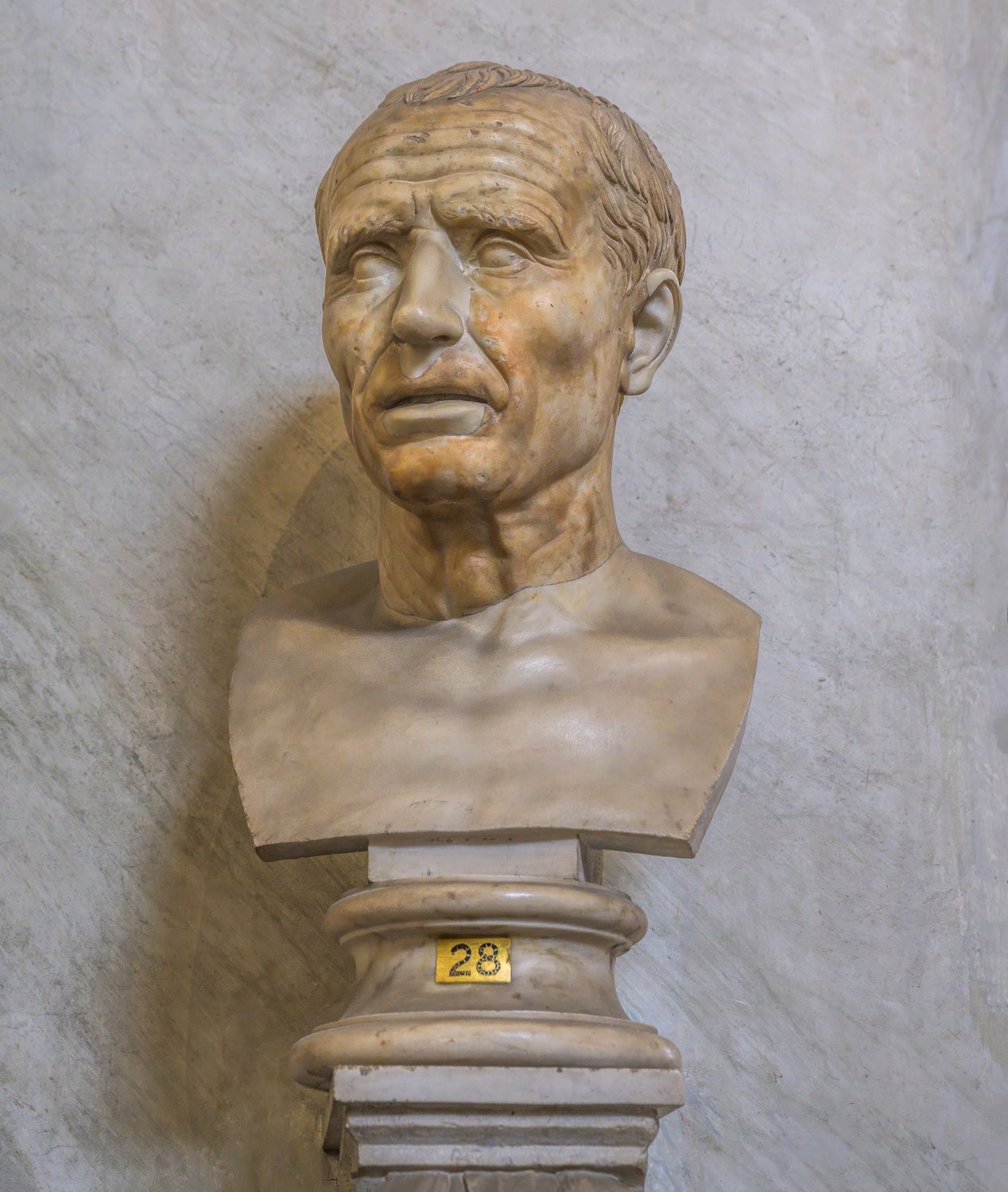 Marble bust of a lean, older Julius Caesar on a pedestal