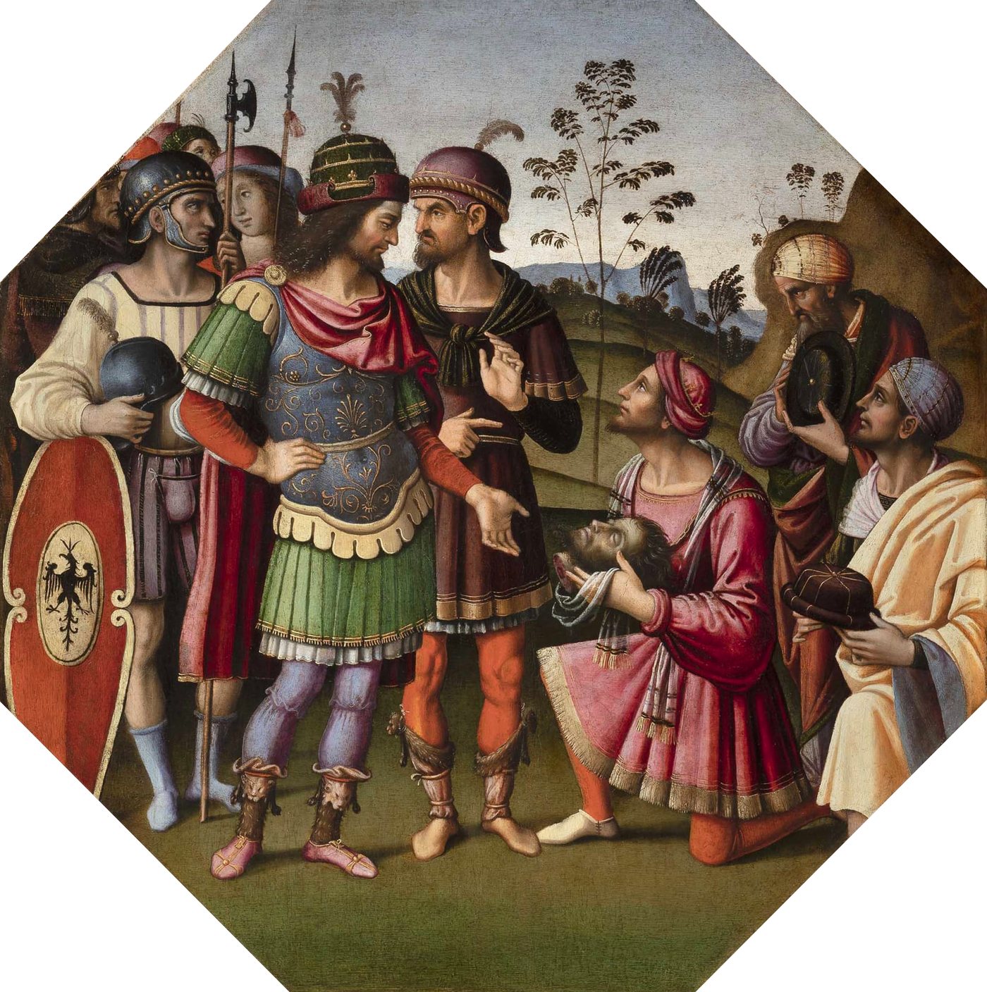 Renaissance painting of Caesar among soldiers as a kneeling man presents him with a severed head