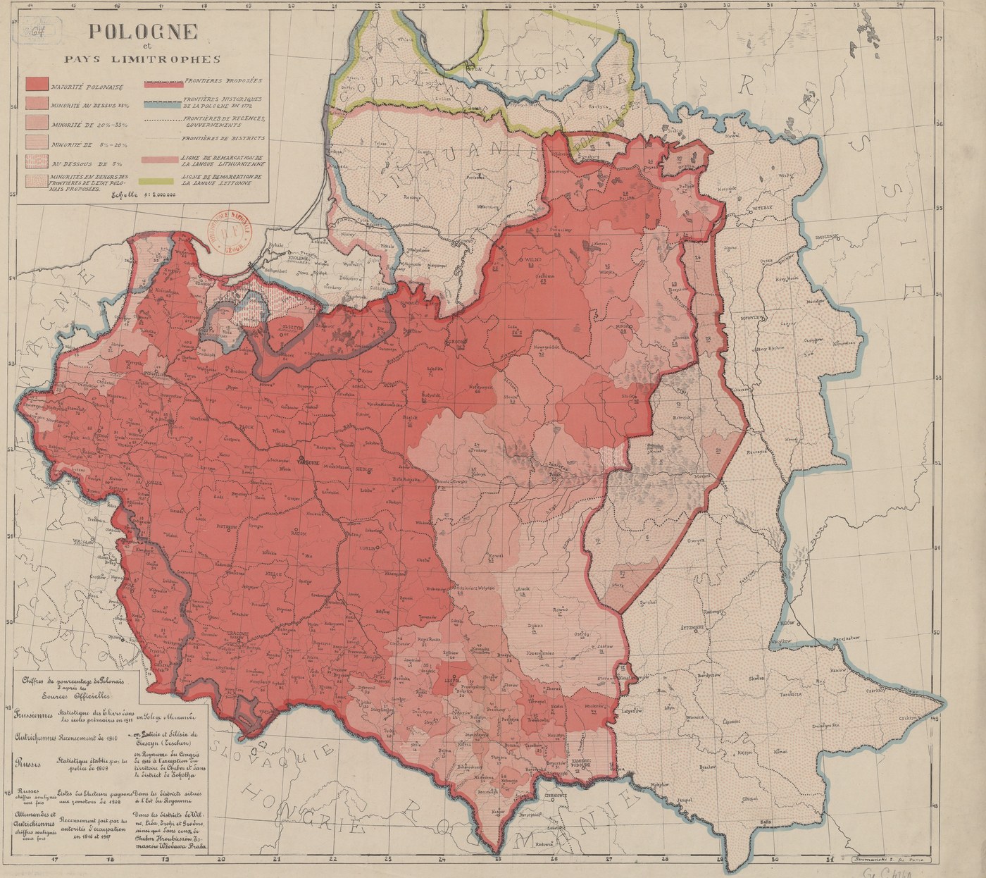 Ręcznie kolorowana francuska mapa Polski i krajów sąsiednich z 1920 roku: powiaty zacieniowane czerwienią według odsetka Polaków, kropkowana linia proponowanych granic i niebieska linia granicy z 1772 roku sięgająca daleko na wschód.